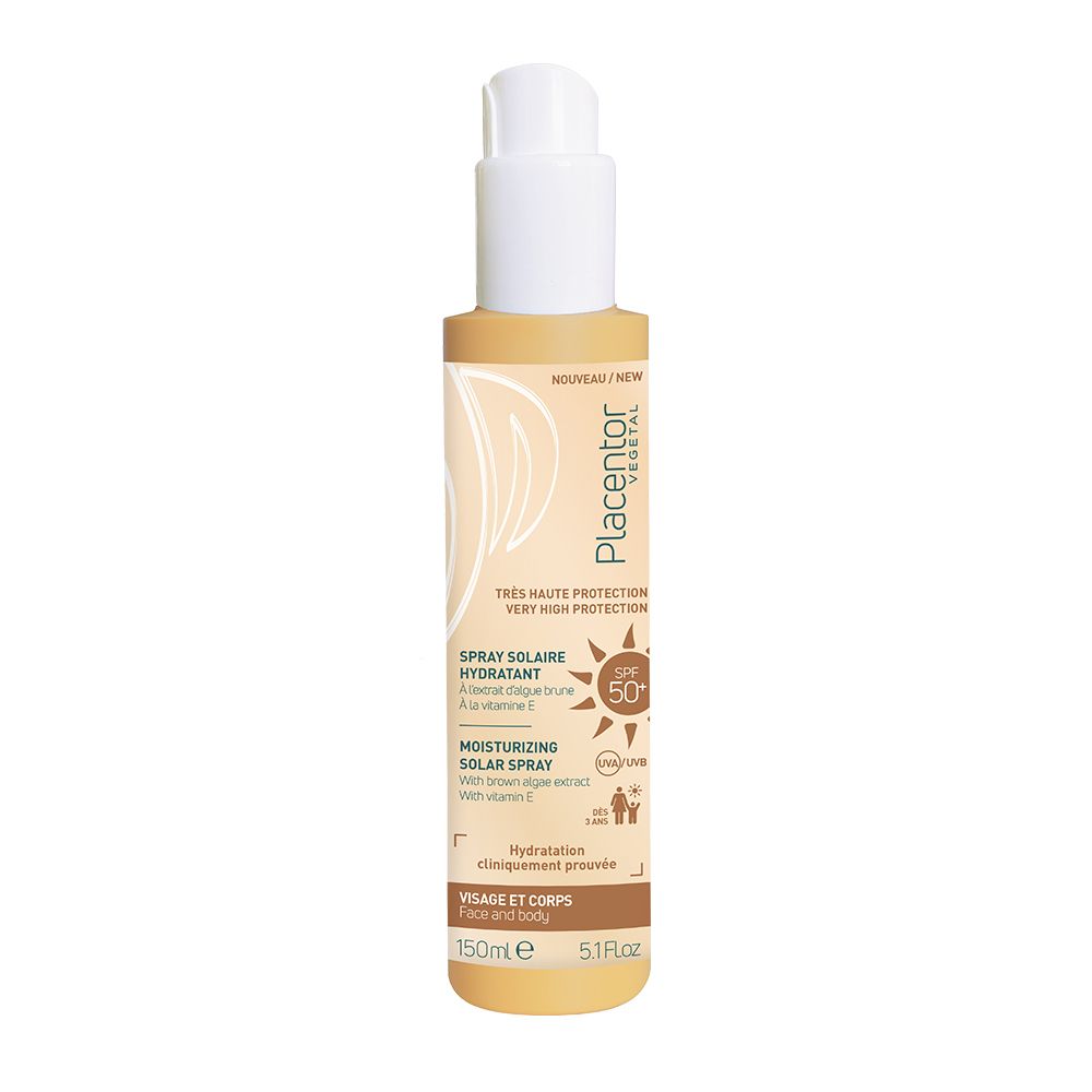 Spray solaire hydratant avec pompe blanche. Inscription: PLACENTOR, Spray Solaire Hydratant SPF50+, Visage et Corps. Bouteille beige-brun.