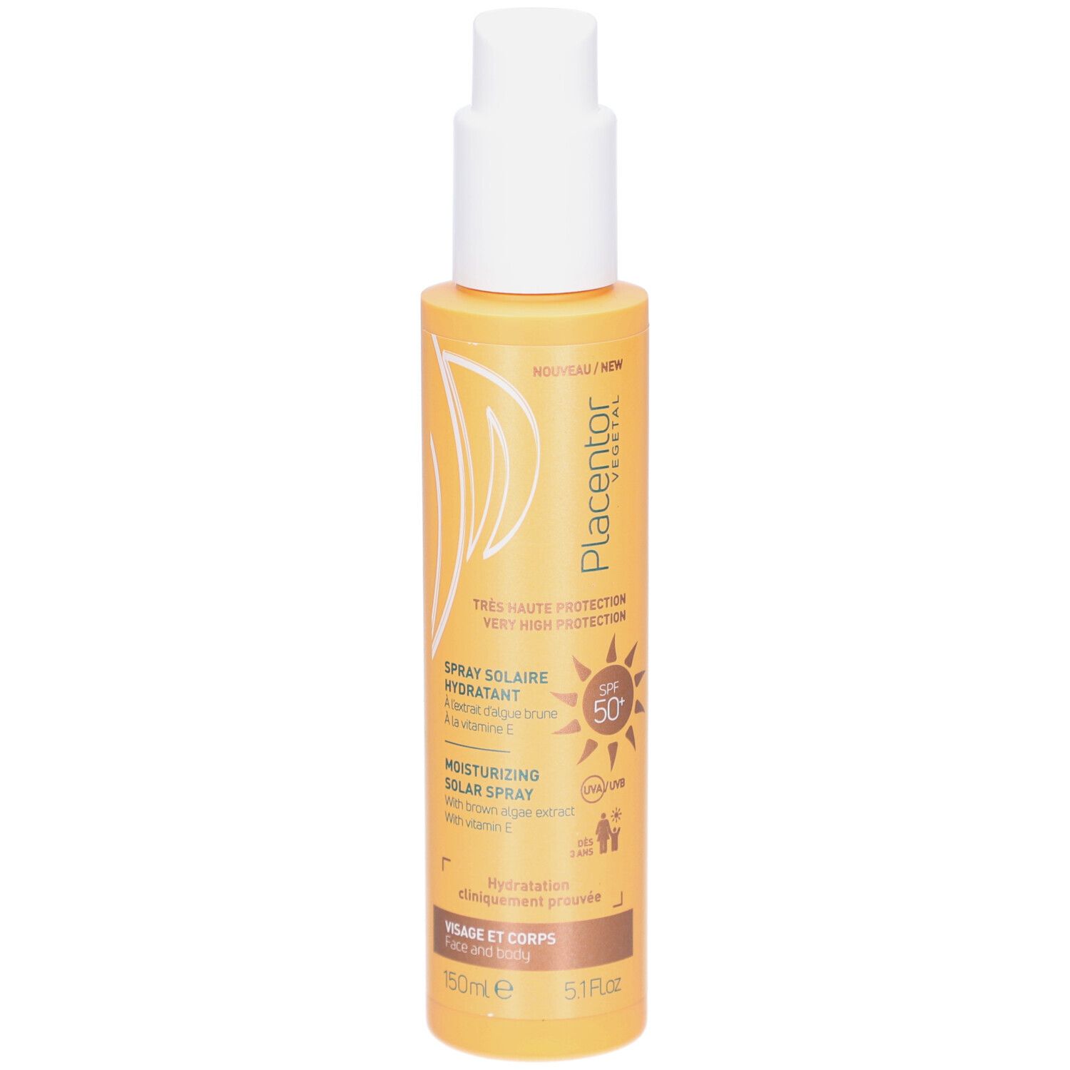 Flacon spray jaune avec pompe blanche. Inscription: PLACENTOR, Spray Solaire Hydratant, SPF 50. Pour visage et corps.