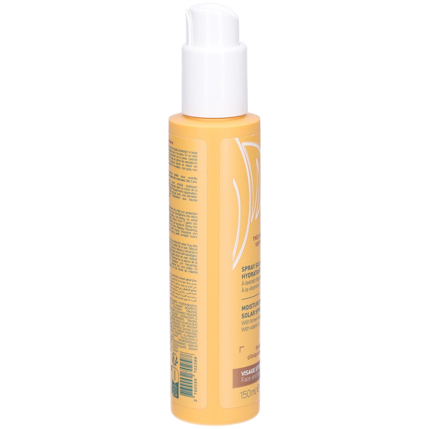 Dos d'un flacon spray jaune avec pompe blanche. Texte multilingue. Nom du produit non visible.
