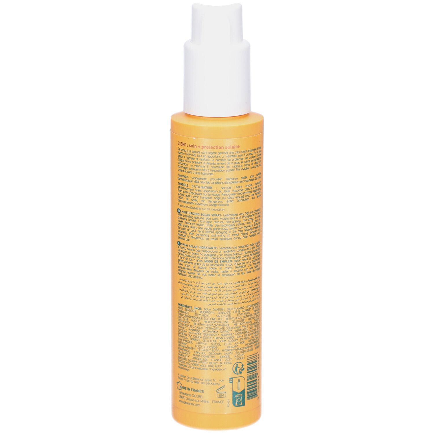 Dos d'un flacon spray jaune avec pompe blanche. Texte multilingue. Nom du produit non visible.