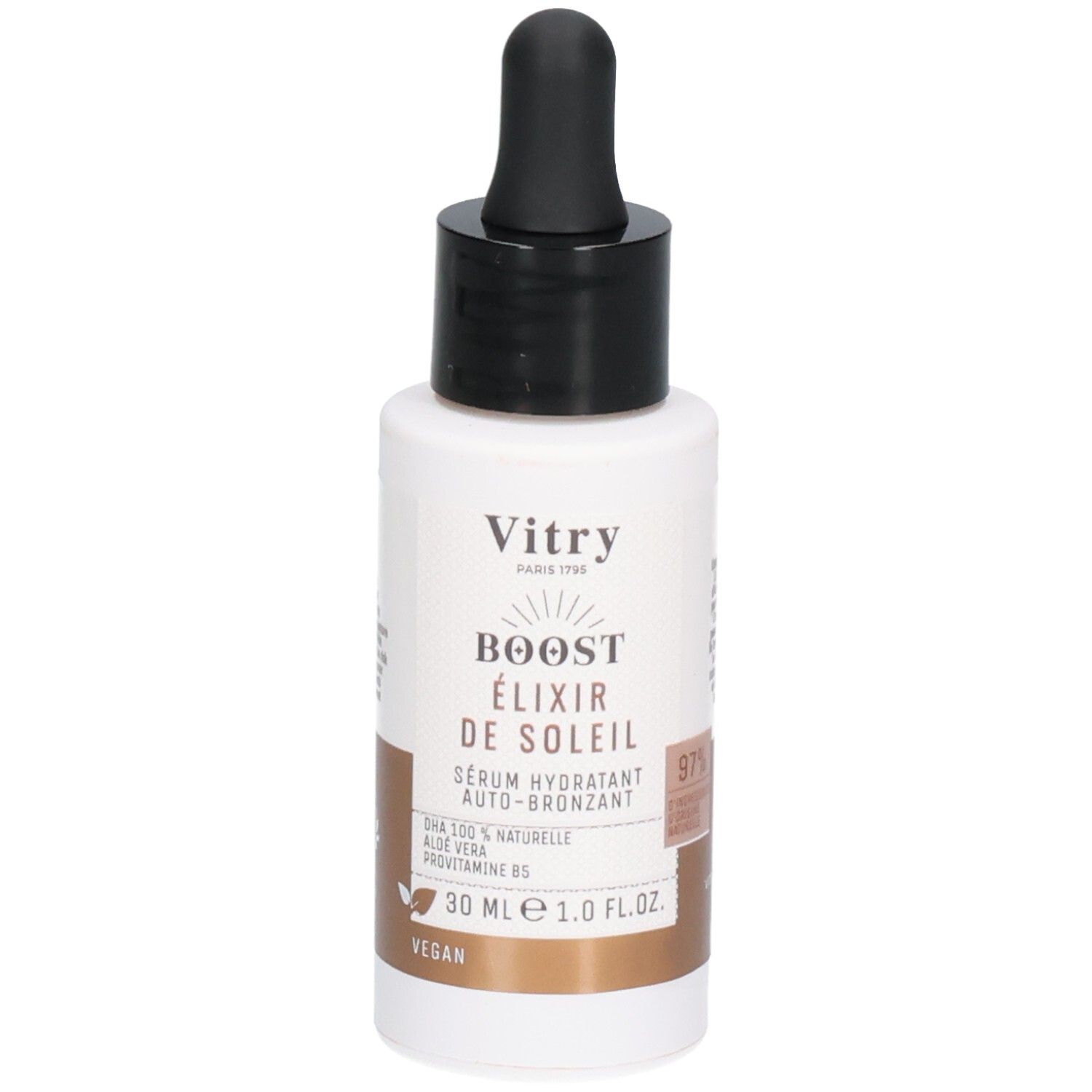 Flacon blanc avec bouchon noir et pipette. Inscription: Vitry Boost Elixir de Soleil. Contient 30 ml.