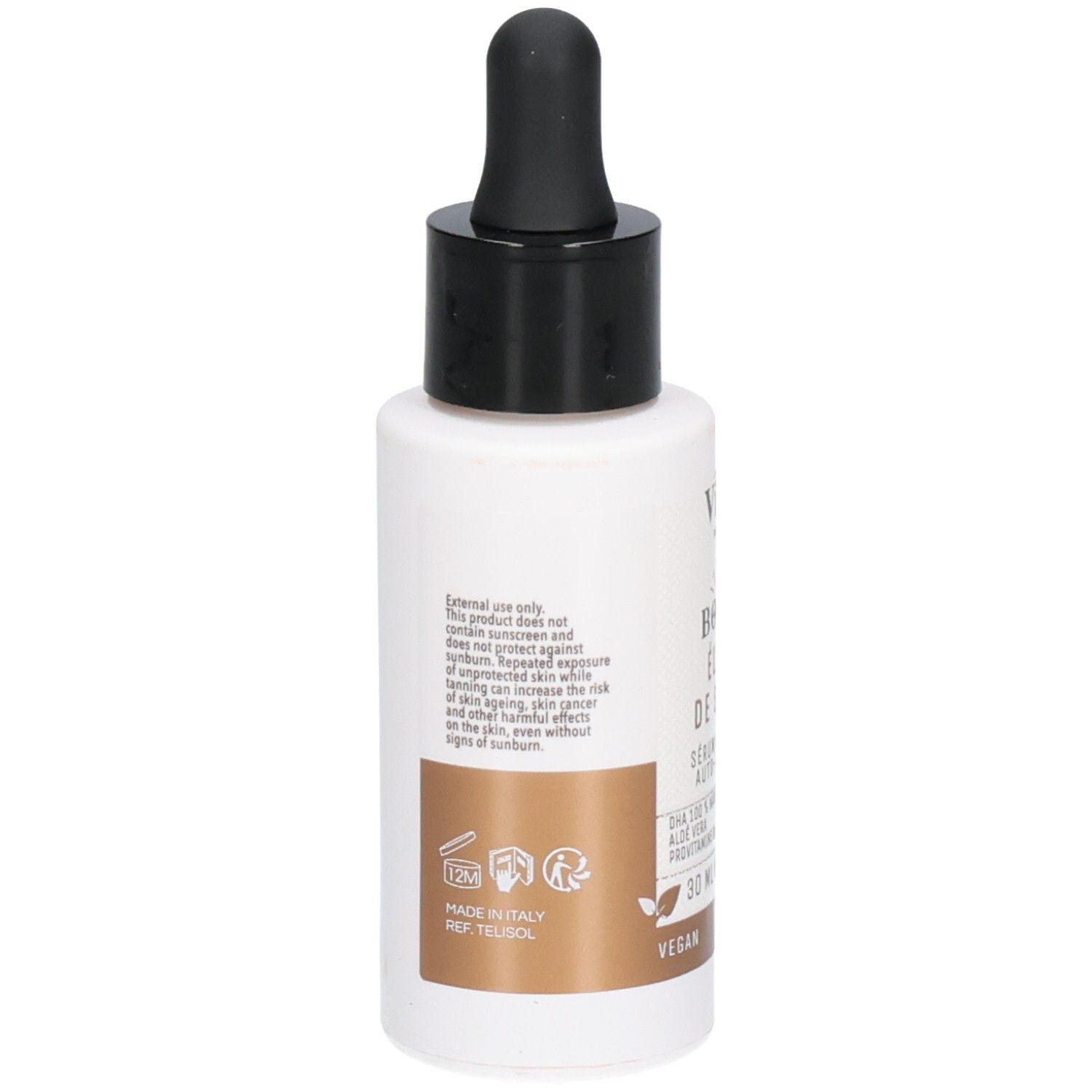 Dos du flacon blanc avec bouchon noir et pipette. Texte et symboles sur fond marron.