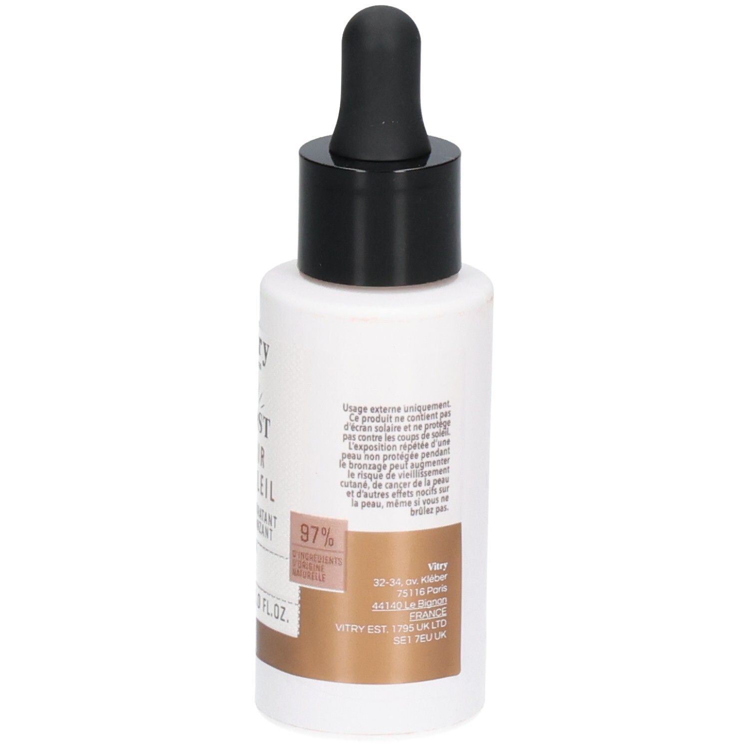 Dos du flacon blanc avec bouchon noir et pipette. Texte et symboles sur fond marron.