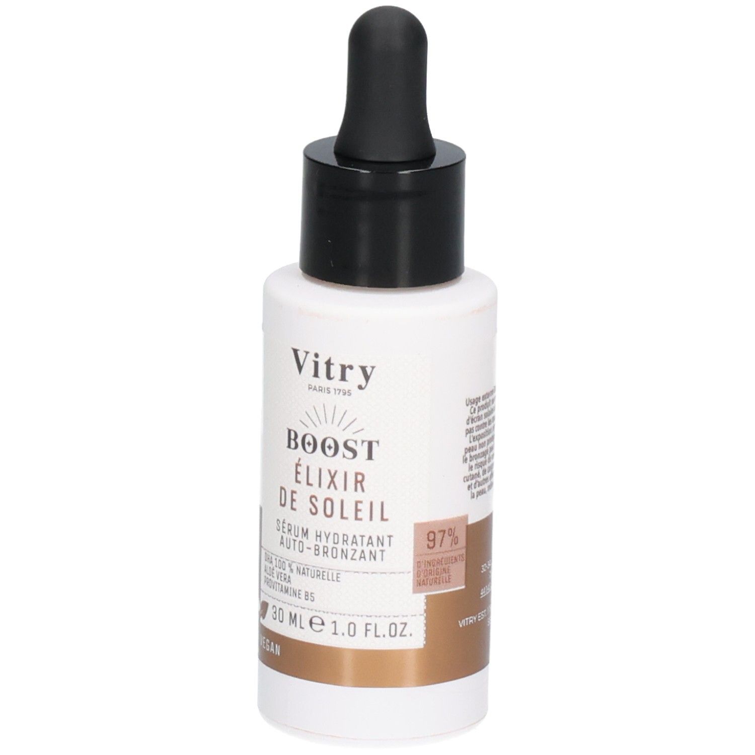 Flacon blanc avec bouchon noir et pipette. Inscription: Vitry Boost Elixir de Soleil. Contient 30 ml.