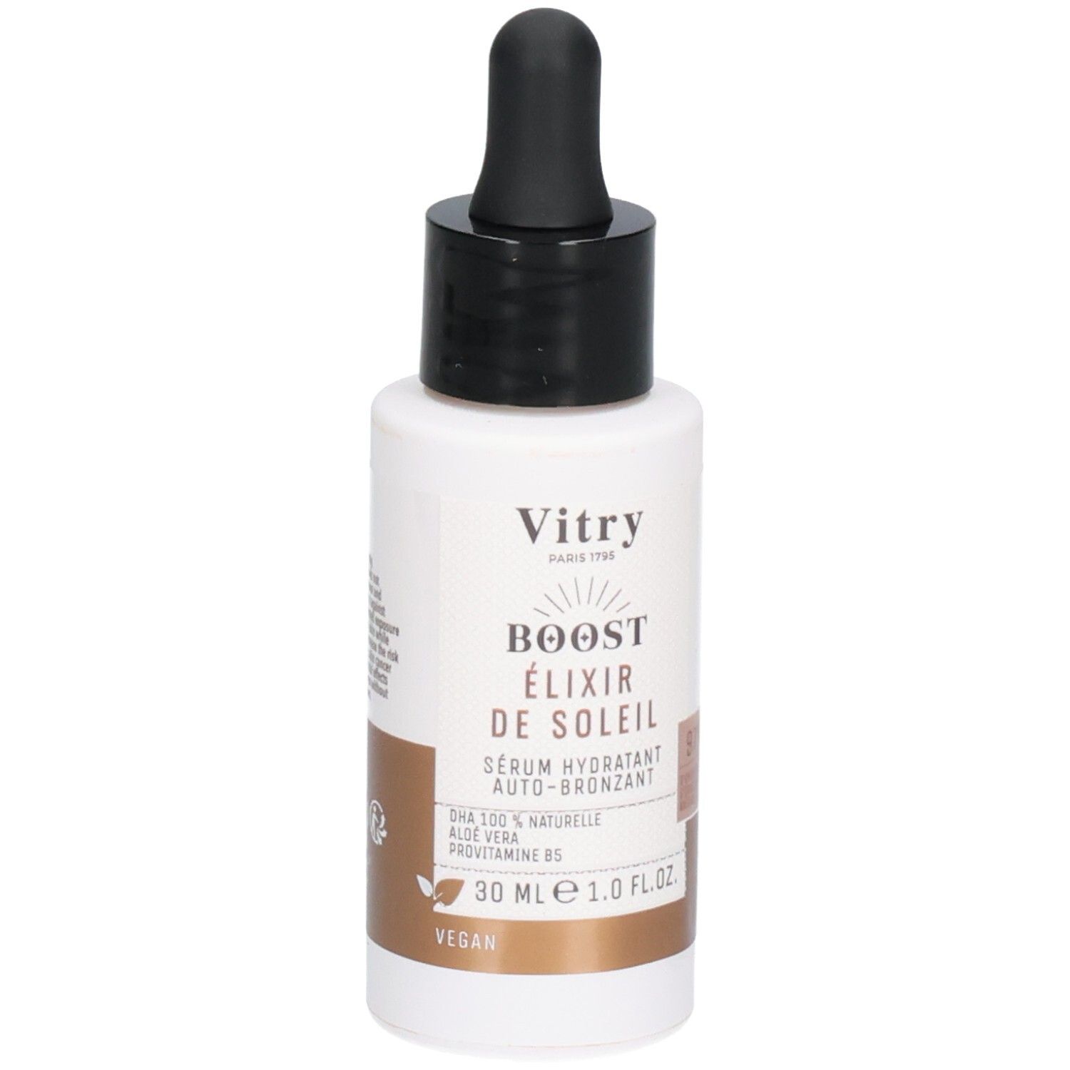 Flacon blanc avec bouchon noir et pipette. Inscription: Vitry Boost Elixir de Soleil. Contient 30 ml.