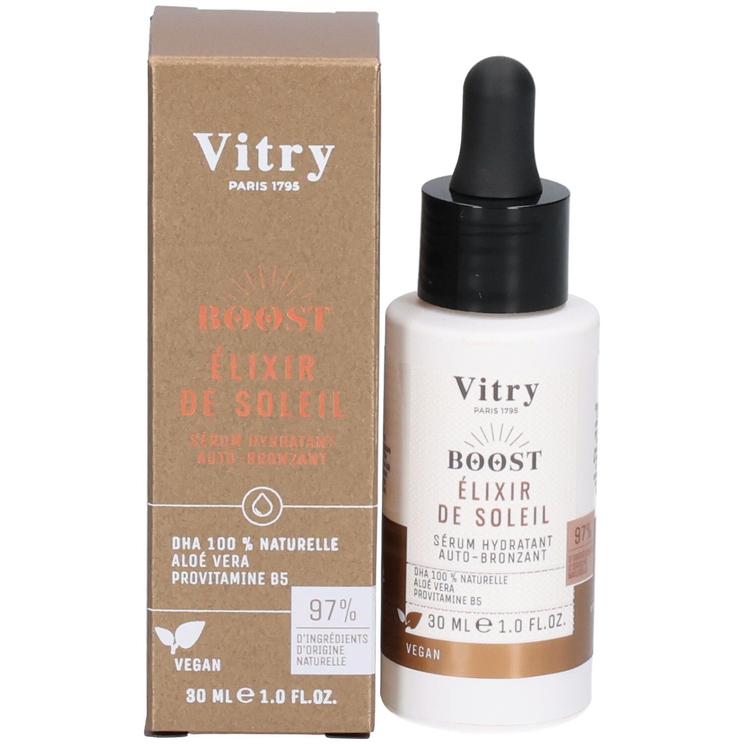 Emballage du produit: flacon et boîte. Inscription: Vitry Boost Elixir de Soleil. Contient 30 ml.