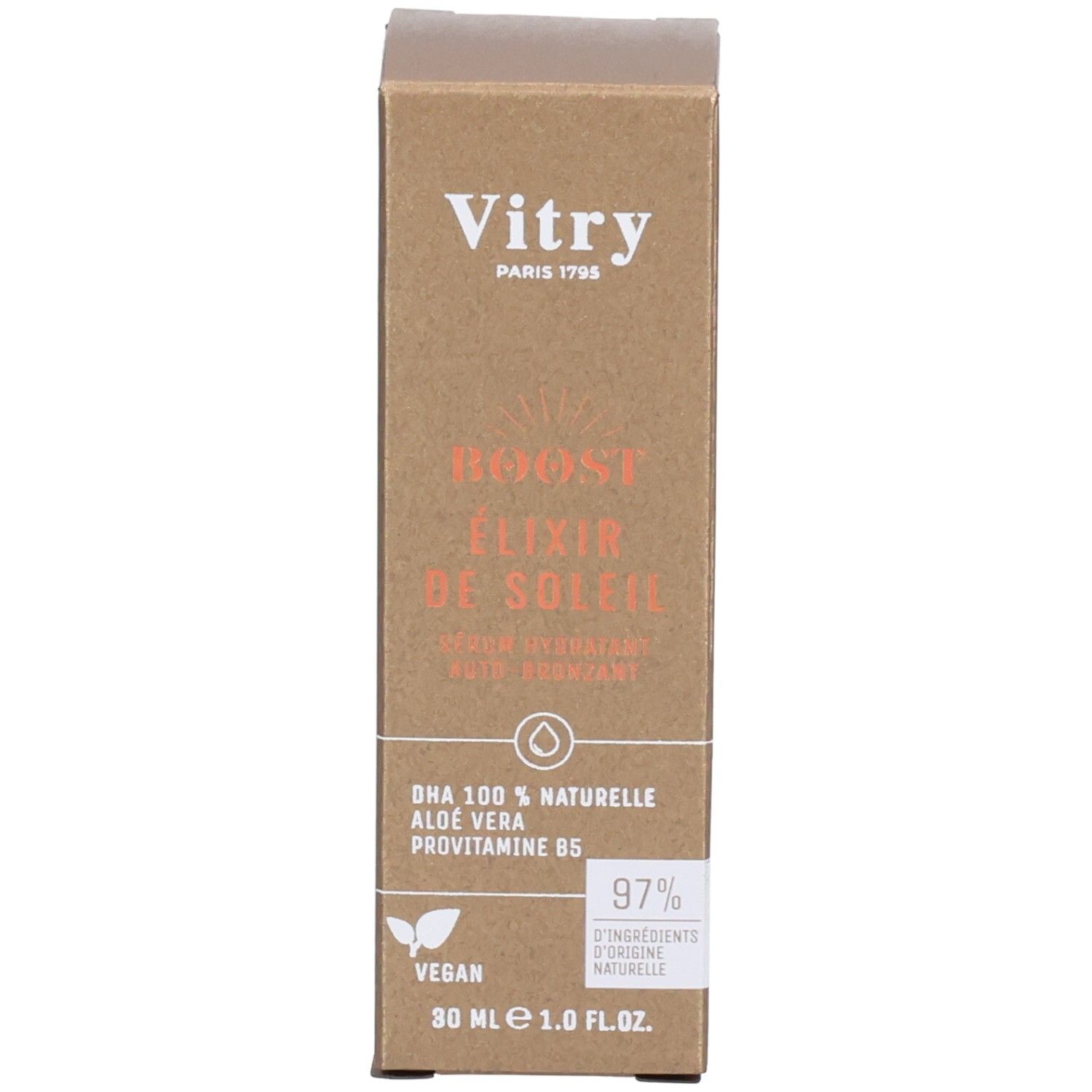 Emballage en carton. Inscription: Vitry Boost Elixir de Soleil. Contient 30 ml.