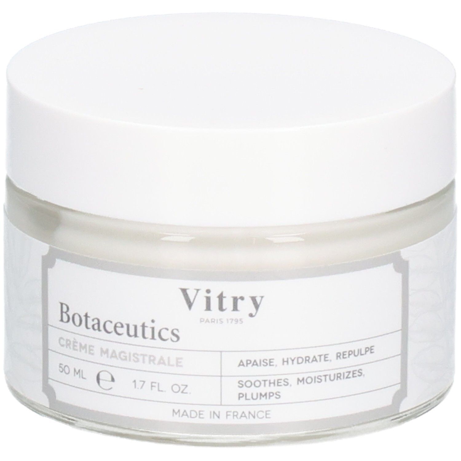 Pot en verre avec couvercle blanc. Étiquette avec nom du produit, marque Vitry et informations. Fabriqué en France.