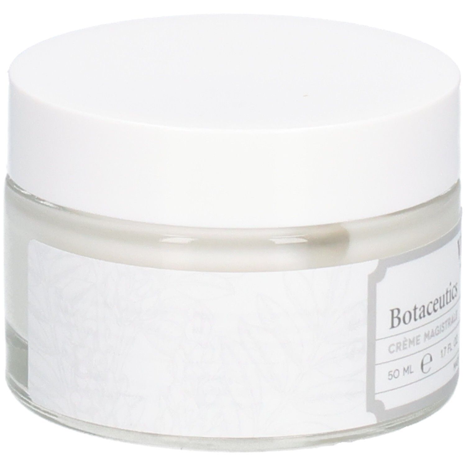 Pot en verre avec couvercle blanc. Étiquette avec nom du produit et marque Vitry. Nom du produit : Crème Magistrale.