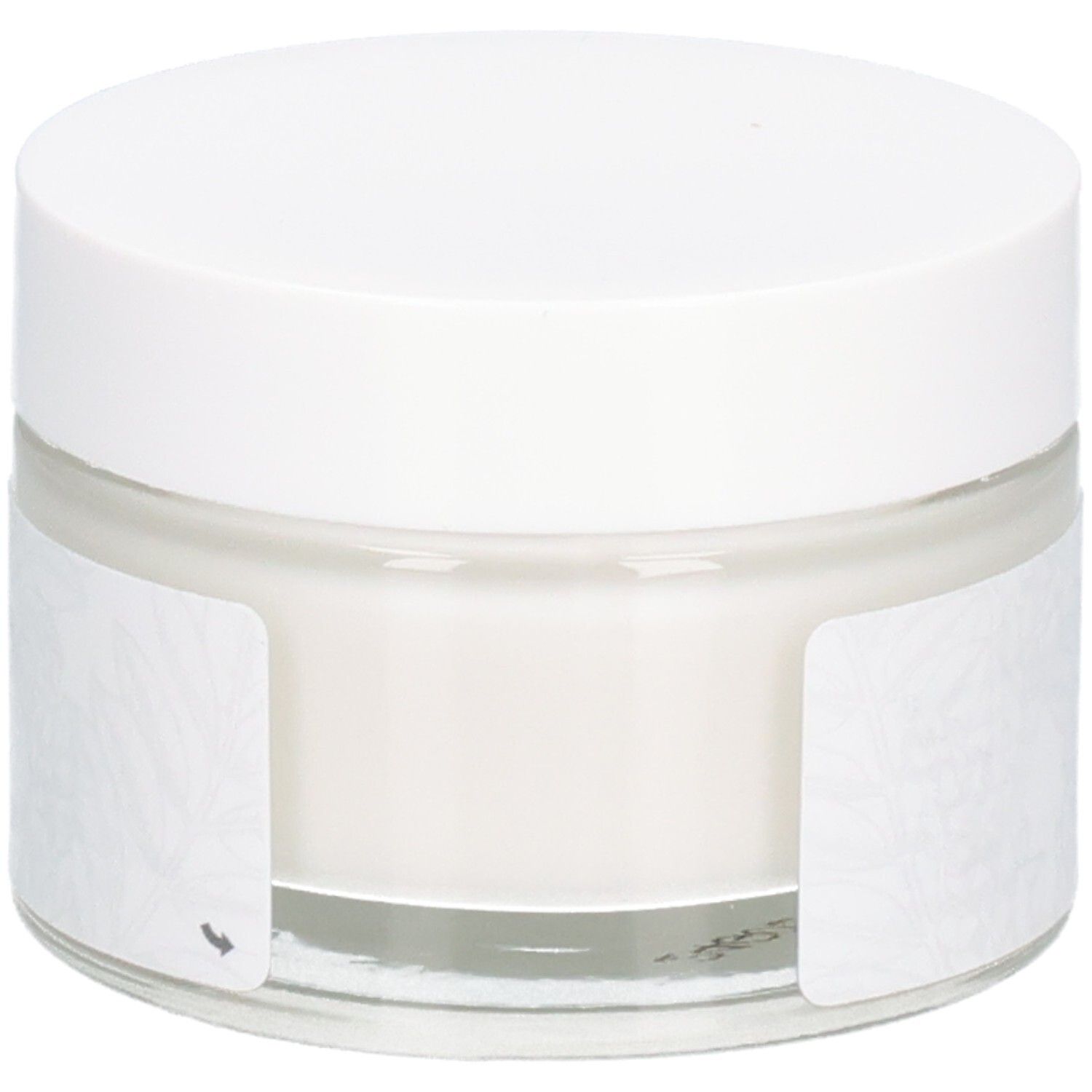 Pot en verre avec couvercle blanc. Étiquette avec nom du produit et motif floral. Nom du produit : Crème Magistrale.