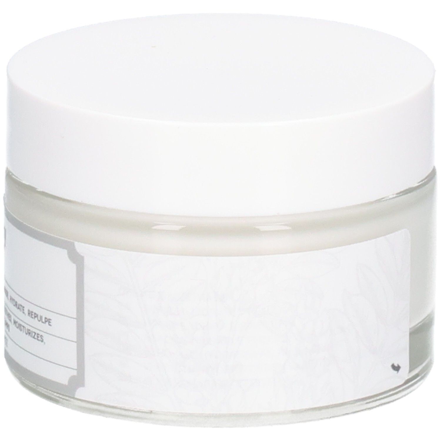 Pot en verre avec couvercle blanc. Étiquette avec nom du produit et motif floral. Nom du produit : Crème Magistrale.