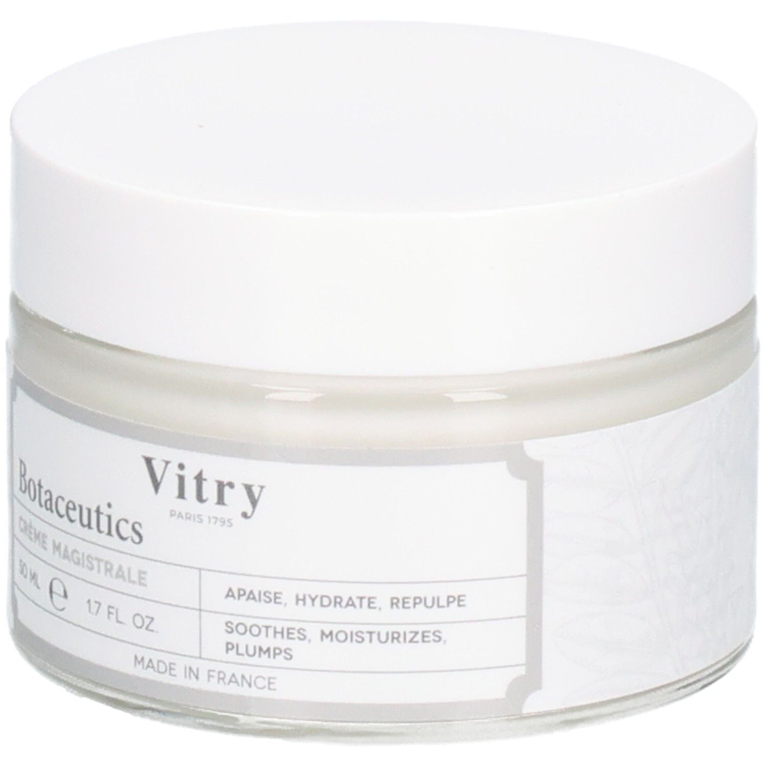 Pot en verre avec couvercle blanc. Étiquette avec nom du produit, marque Vitry et informations. Fabriqué en France.