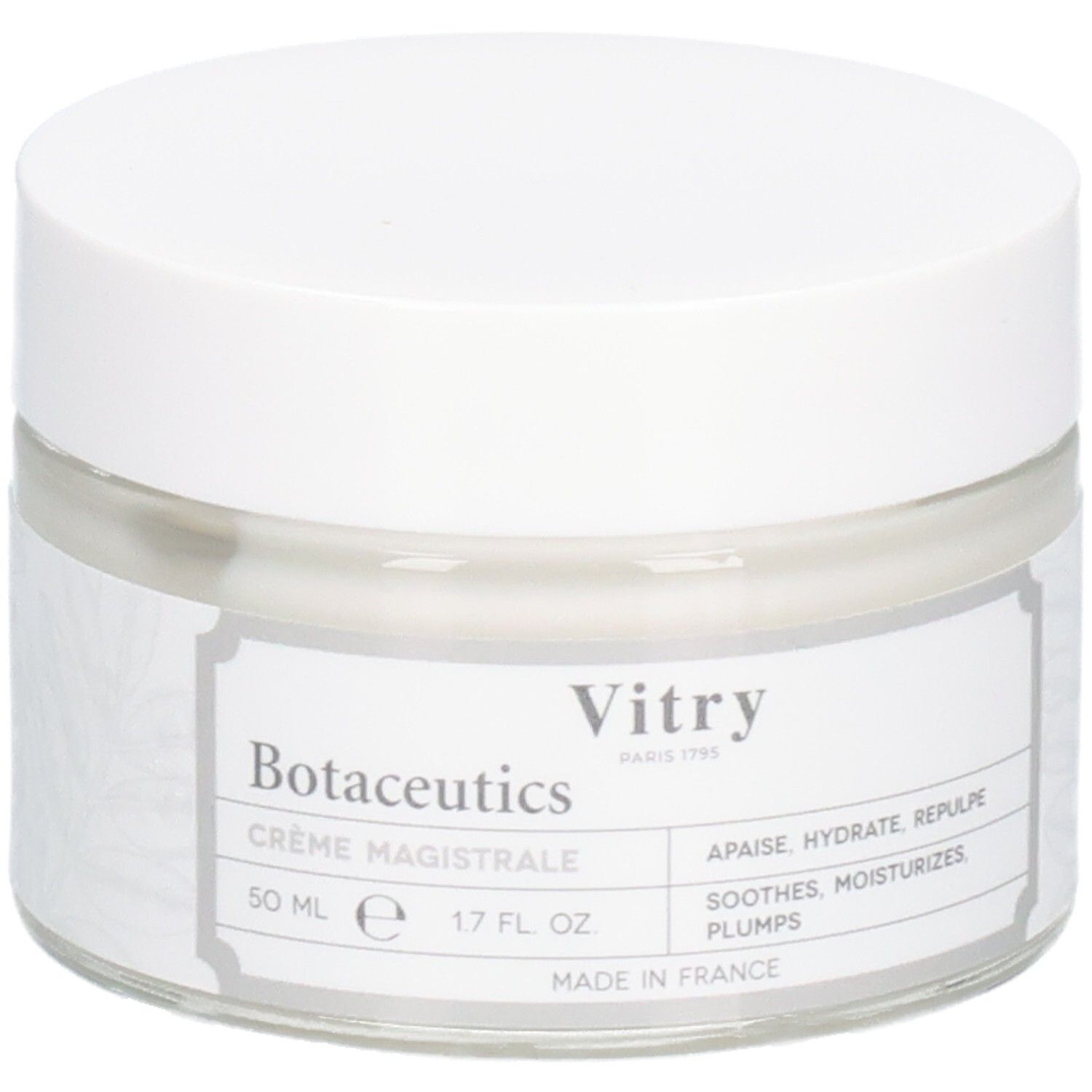 Pot en verre avec couvercle blanc. Étiquette avec nom du produit, marque Vitry et informations. Fabriqué en France.