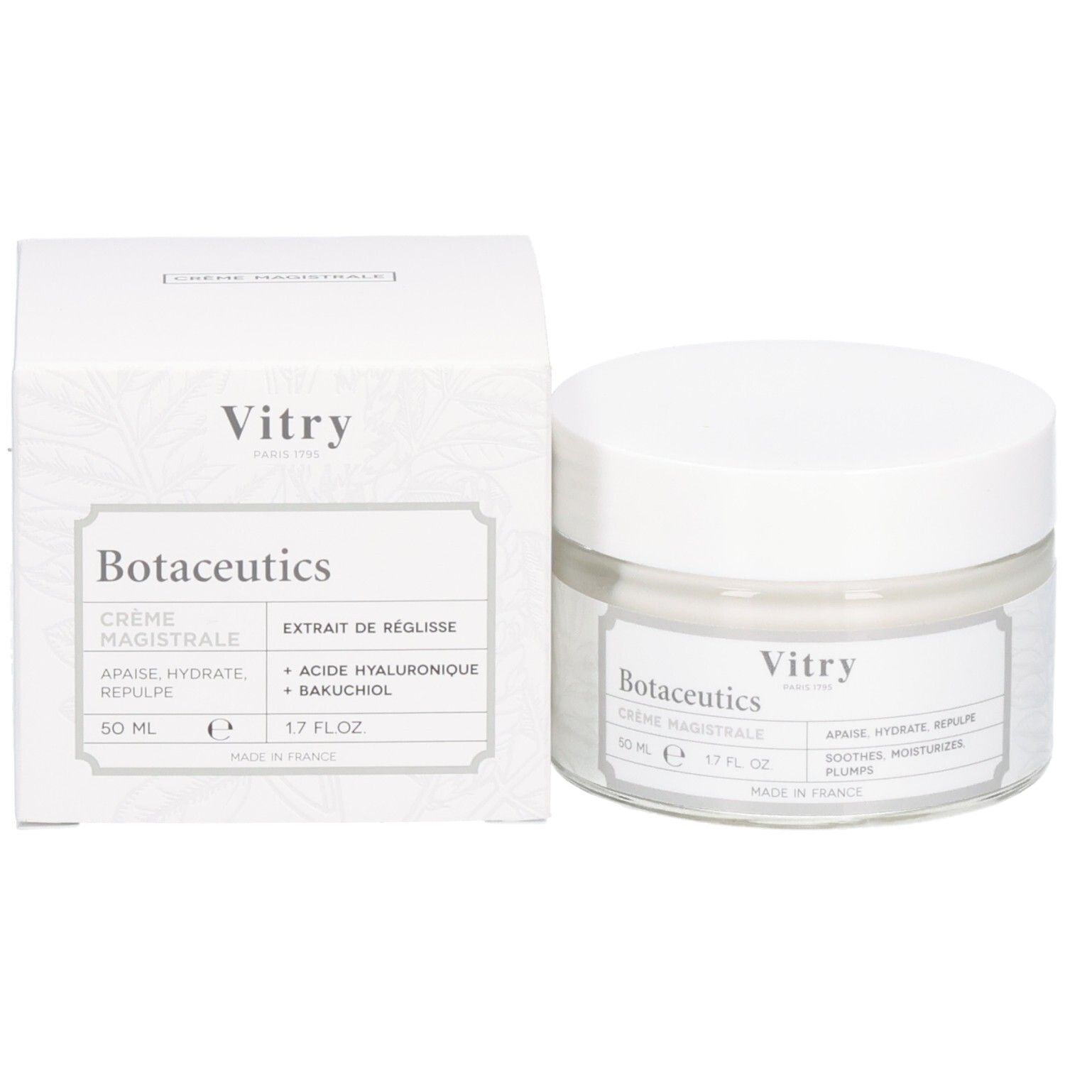 Produit et emballage. Pot en verre avec couvercle blanc et carton. Carton avec nom du produit, marque Vitry et informations.