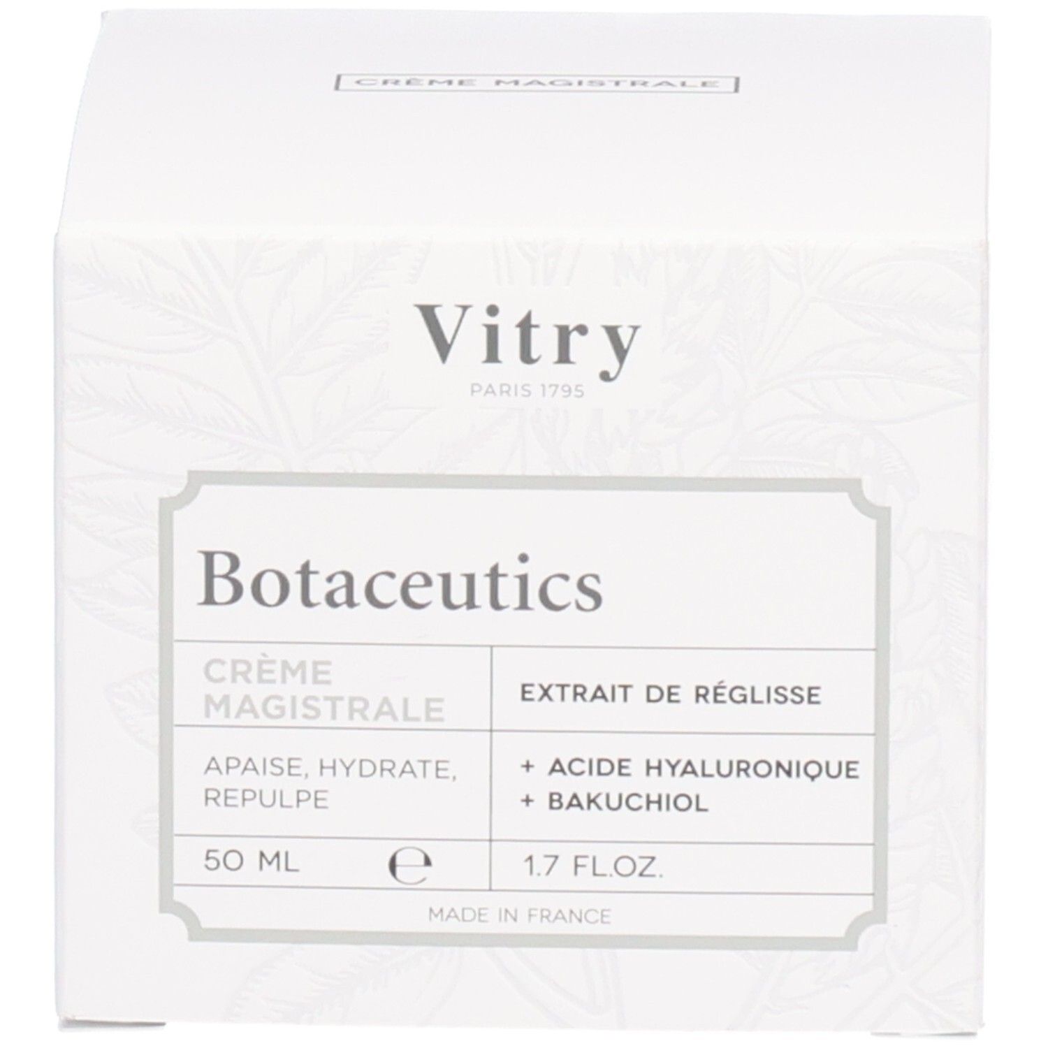 Emballage en carton avec nom du produit, marque Vitry et informations. Contient Extrait de Réglisse, Acide Hyaluronique, Bakuchiol.