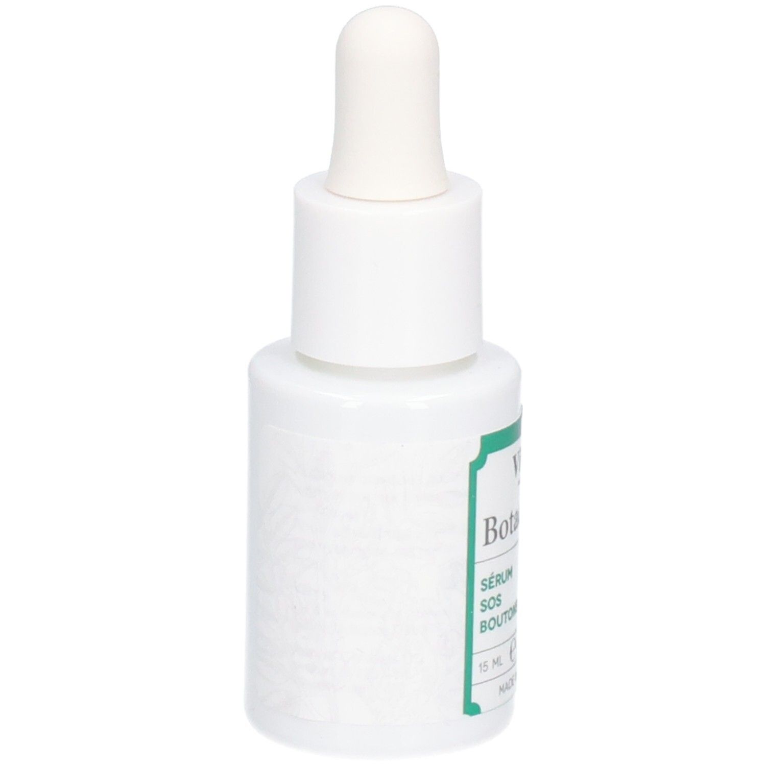 Flacon blanc avec compte-gouttes. Inscriptions : Vitry Botaceutics, Sérum SOS Boutons, Blemish SOS Serum. Étiquettes vertes. 15 ml.
