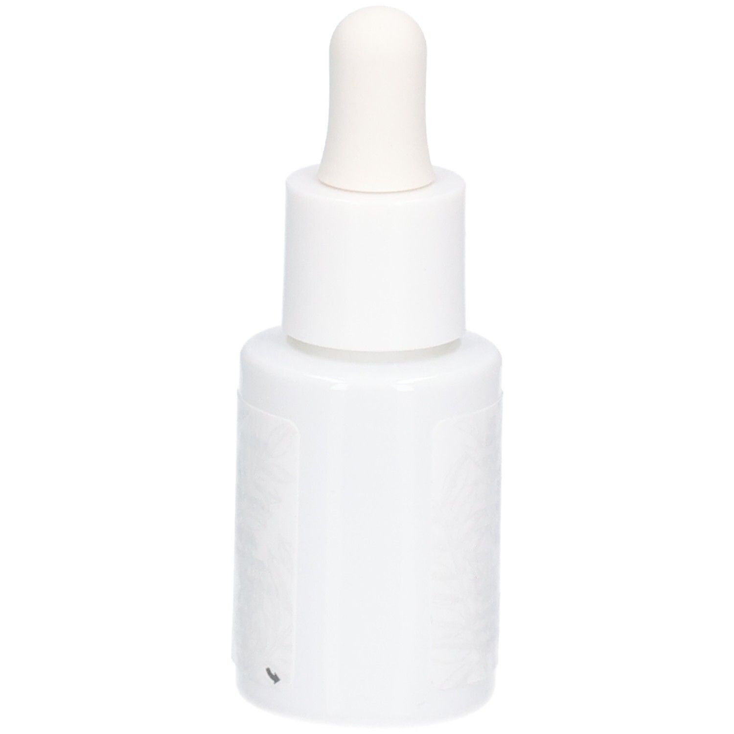 Flacon blanc avec compte-gouttes. Aucune inscription visible. Le fond est blanc.