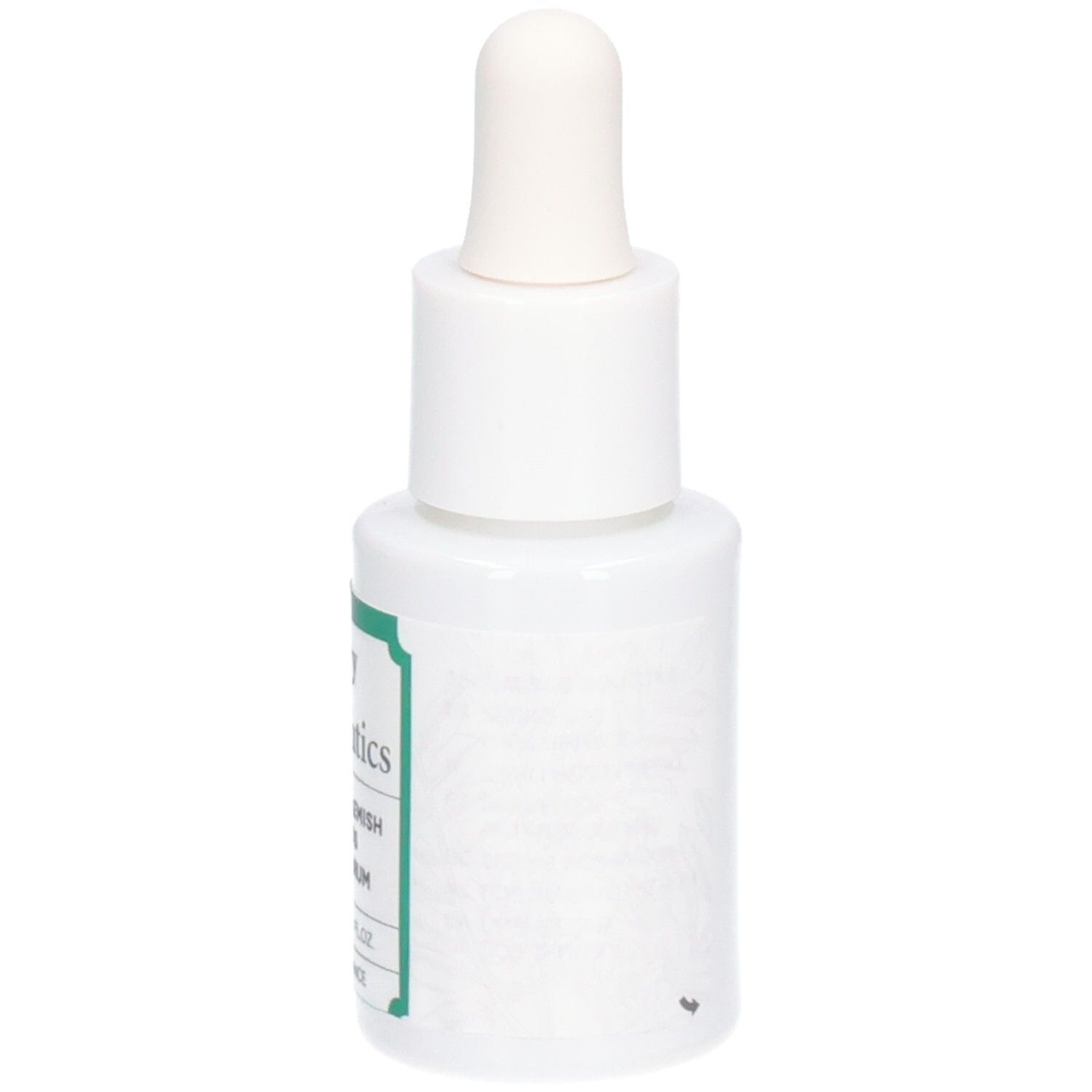 Flacon blanc avec compte-gouttes. Inscriptions : Vitry Botaceutics, Sérum SOS Boutons, Blemish SOS Serum. Étiquettes vertes. 15 ml.