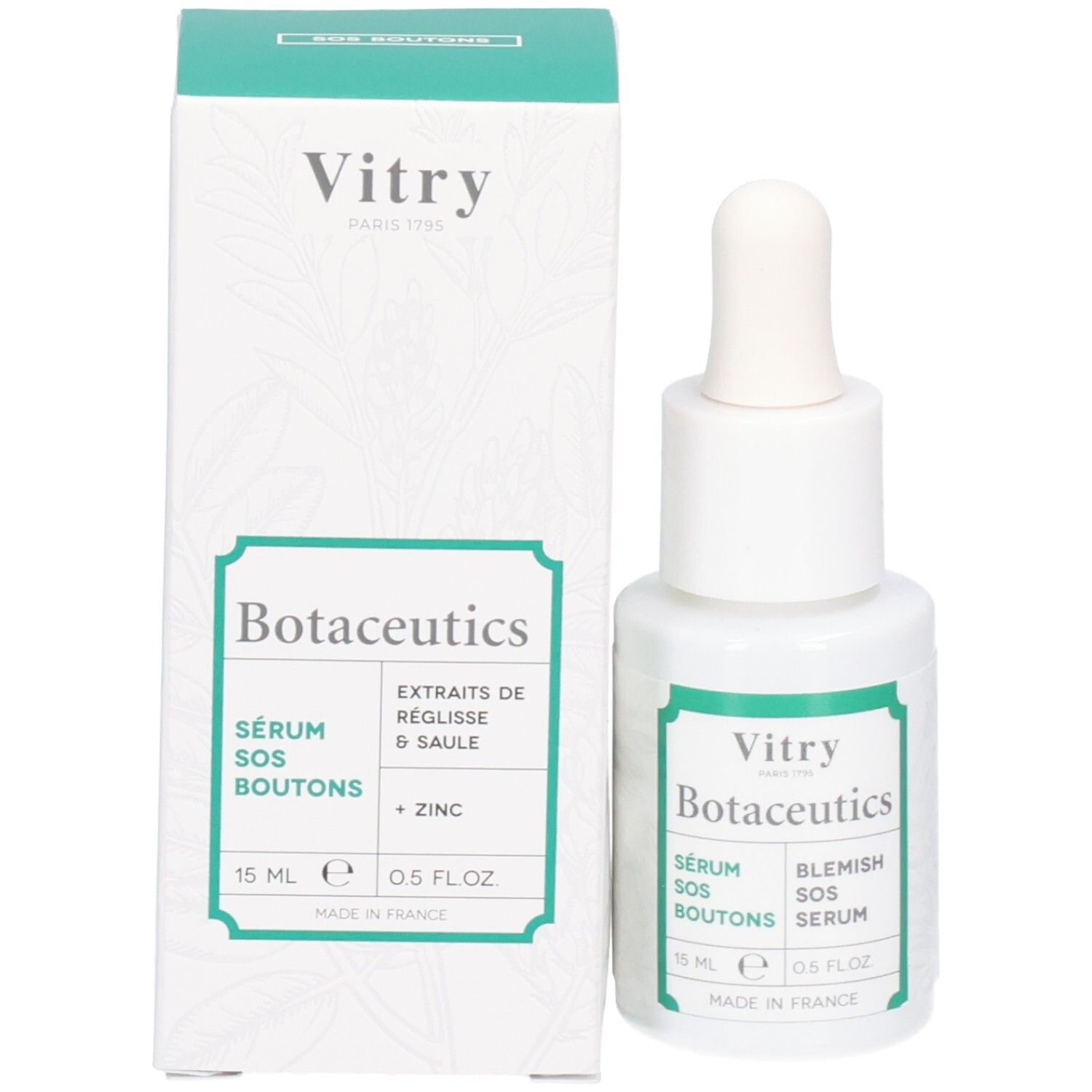 Flacon et emballage du produit. Inscriptions : Vitry Botaceutics, Sérum SOS Boutons, Blemish SOS Serum. Étiquettes vertes. 15 ml.