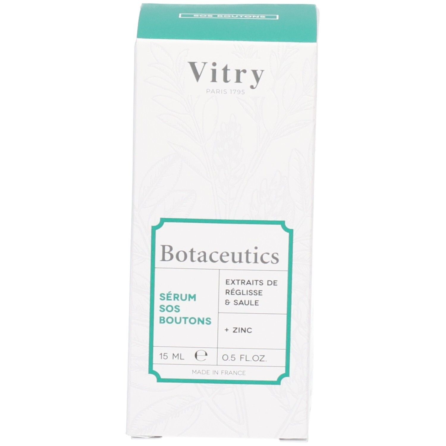 Emballage du produit. Inscriptions : Vitry Botaceutics, Sérum SOS Boutons, Blemish SOS Serum. Étiquettes vertes. 15 ml.