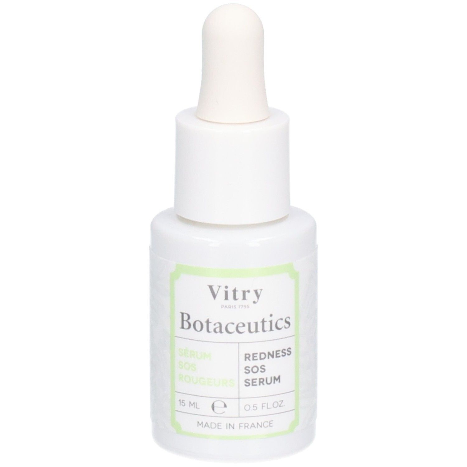 Flacon blanc avec compte-gouttes. Inscription: Vitry Botaceutics Redness SOS Serum. 15 ml. Fabriqué en France.