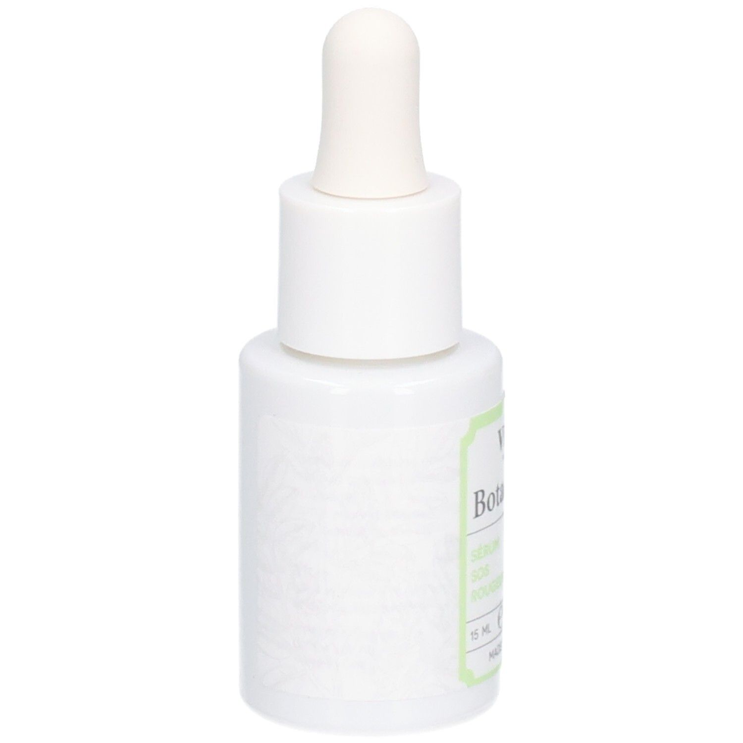 Flacon blanc avec compte-gouttes. Inscription: Vitry Botaceutics Redness SOS Serum. 15 ml. Fabriqué en France.