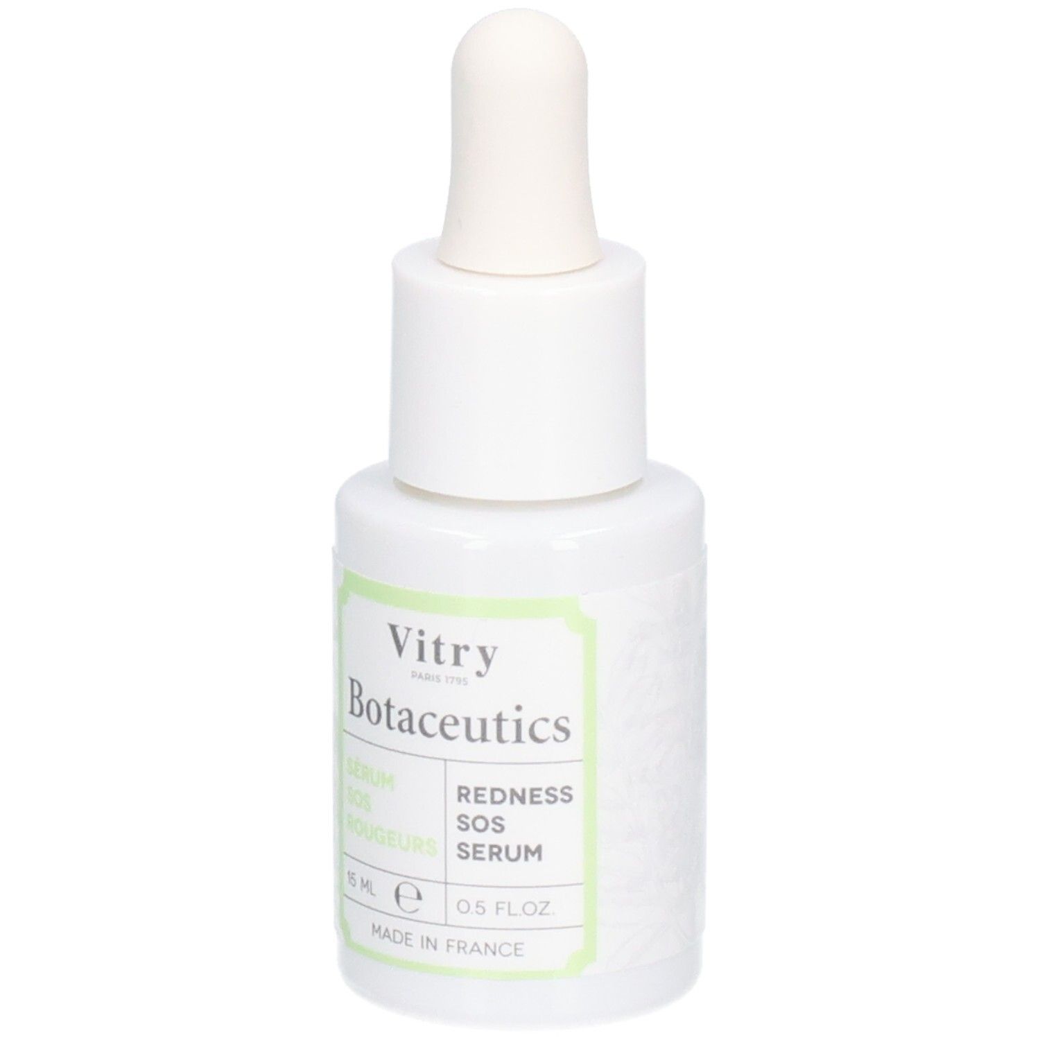 Flacon blanc avec compte-gouttes. Inscription: Vitry Botaceutics Redness SOS Serum. 15 ml. Fabriqué en France.