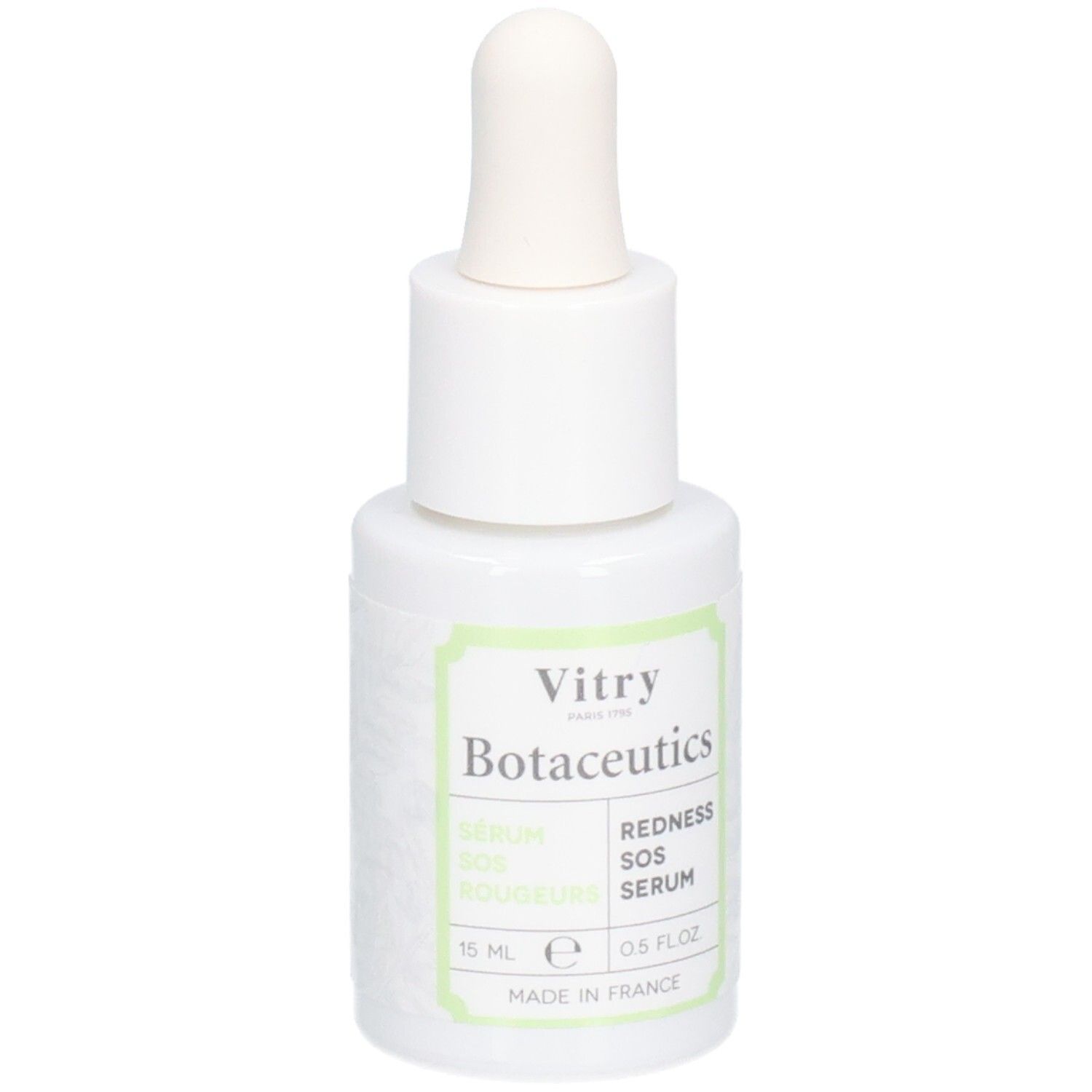 Flacon blanc avec compte-gouttes. Inscription: Vitry Botaceutics Redness SOS Serum. 15 ml. Fabriqué en France.