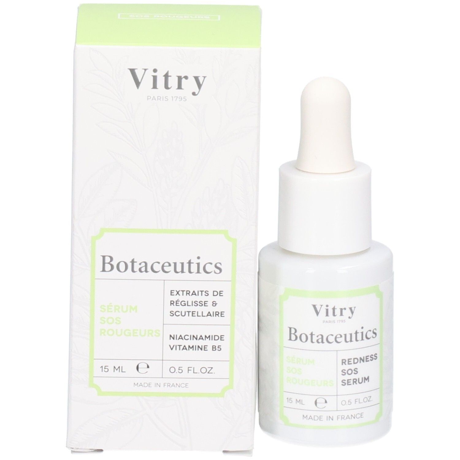 Emballage et flacon. Inscription: Vitry Botaceutics Redness SOS Serum. 15 ml. Fabriqué en France.