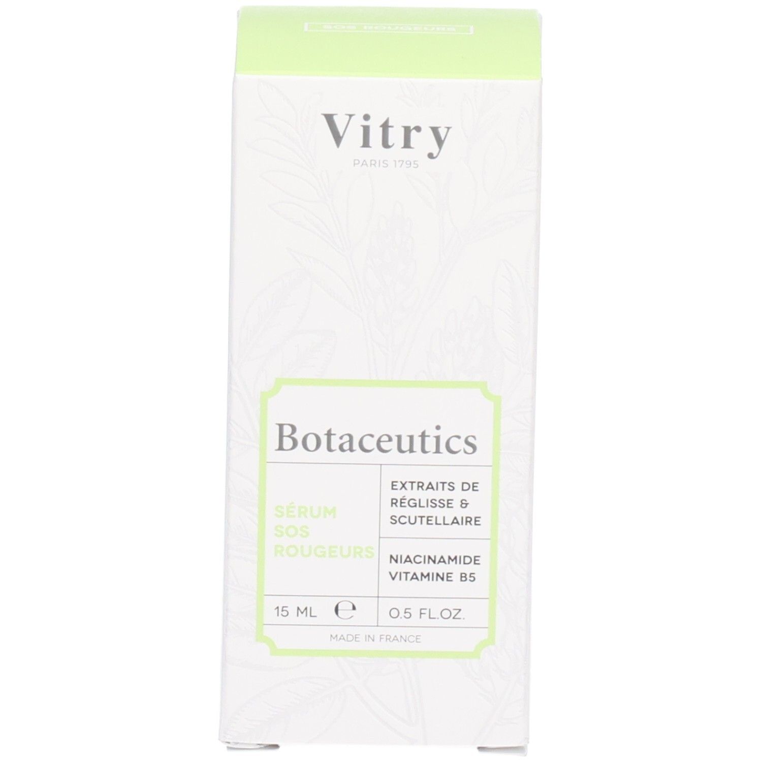 Emballage du produit. Inscription: Vitry Botaceutics Redness SOS Serum. 15 ml. Fabriqué en France.