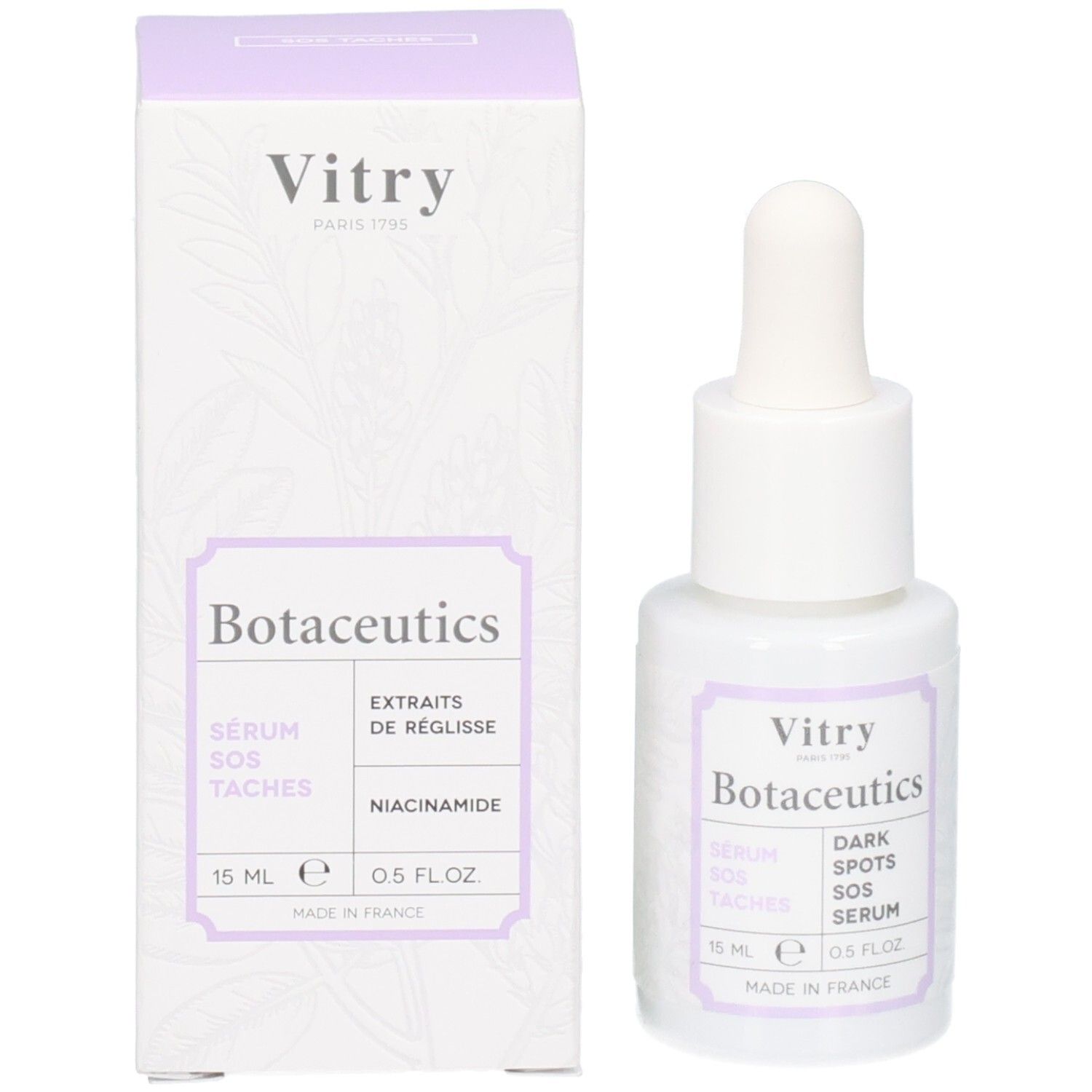 Vitry Botaceutics Sérum SOS Taches : flacon et boîte. 15ml. Avec niacinamide.