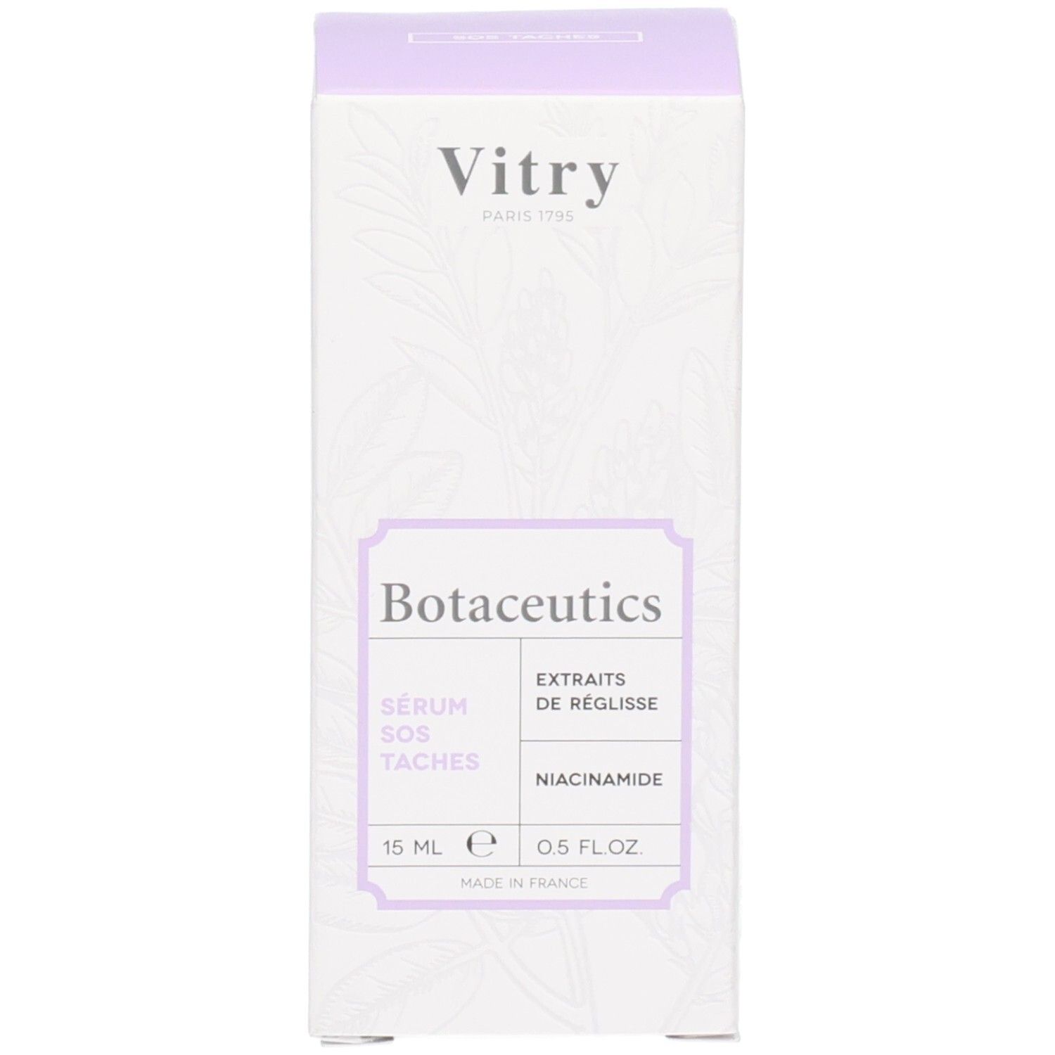 Vitry Botaceutics Sérum SOS Taches : boîte avec informations produit. 15ml.