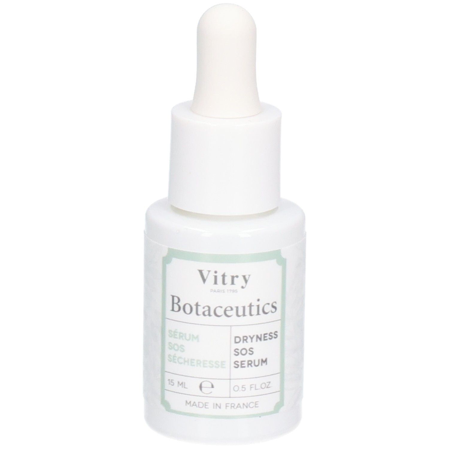 Flacon blanc avec compte-gouttes. Inscriptions : Vitry Botaceutics, Sérum SOS Sécheresse, Dryness SOS Serum. 15 ml, 0.5 FL.OZ. Fabriqué en France.