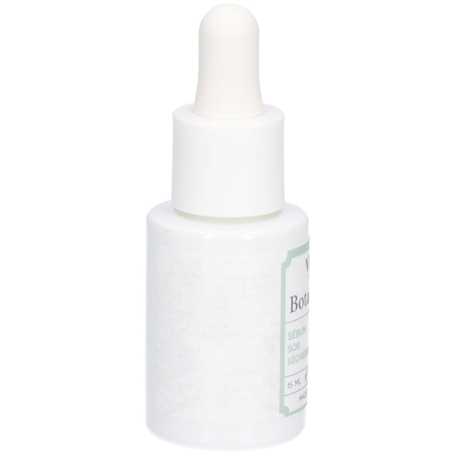 Flacon blanc avec compte-gouttes. Inscriptions : Vitry Botaceutics, Sérum SOS Sécheresse, Dryness SOS Serum. 15 ml, 0.5 FL.OZ. Fabriqué en France.