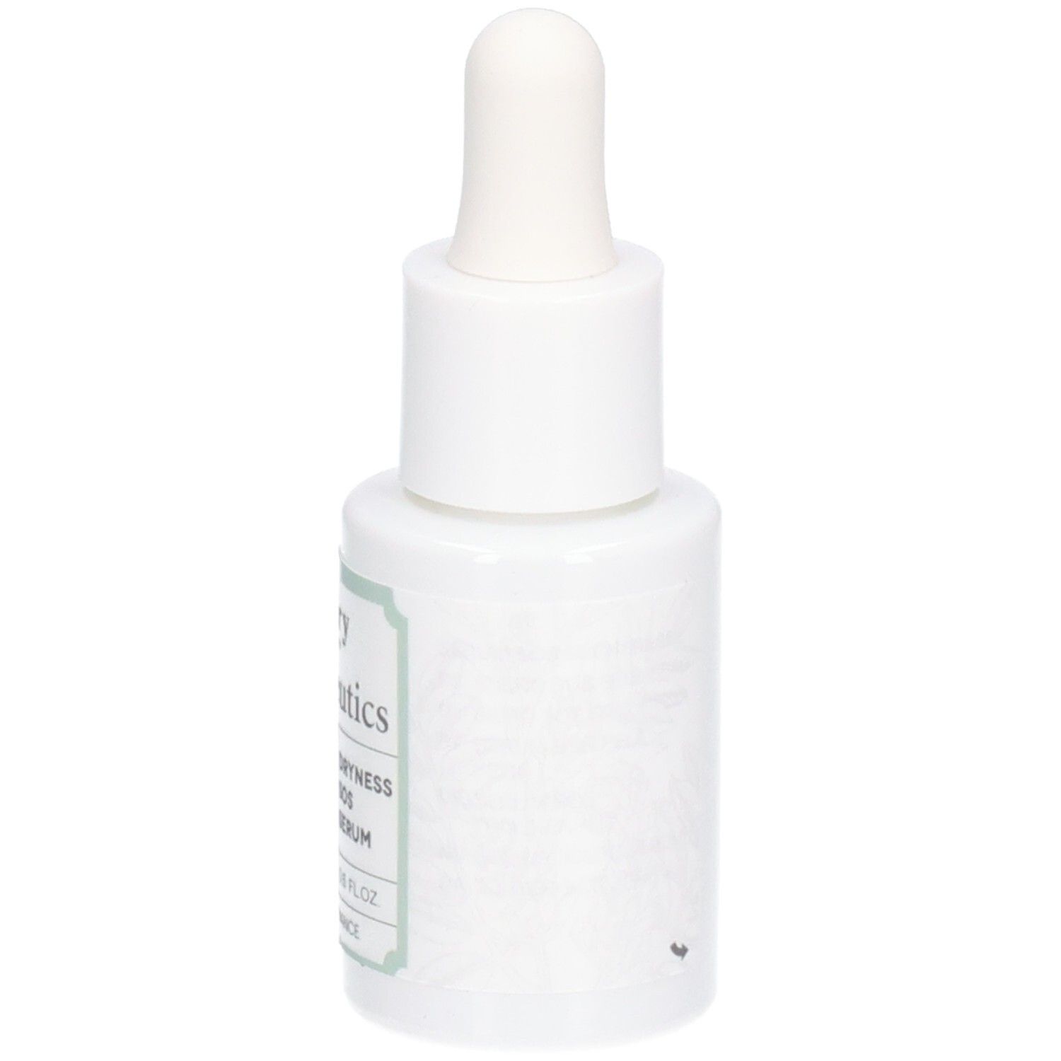 Flacon blanc avec compte-gouttes. Inscriptions : Vitry Botaceutics, Sérum SOS Sécheresse, Dryness SOS Serum. 15 ml, 0.5 FL.OZ. Fabriqué en France.