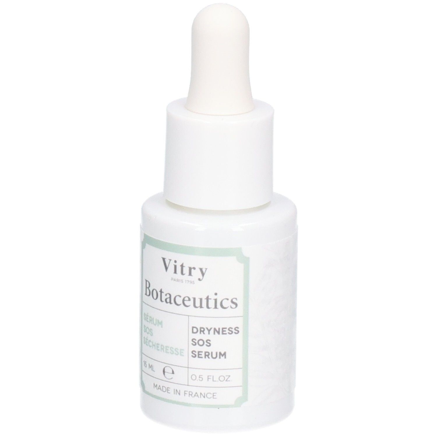 Flacon blanc avec compte-gouttes. Inscriptions : Vitry Botaceutics, Sérum SOS Sécheresse, Dryness SOS Serum. 15 ml, 0.5 FL.OZ. Fabriqué en France.