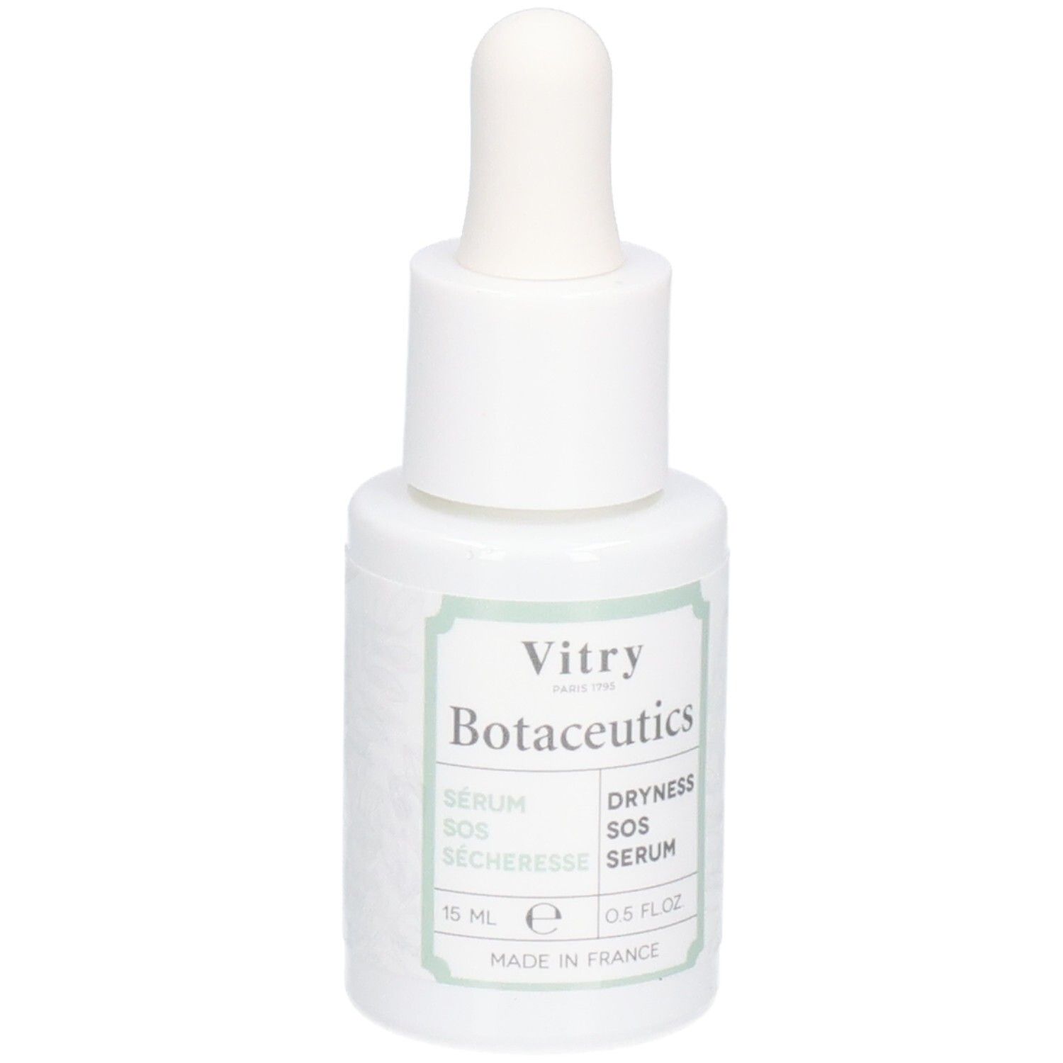 Flacon blanc avec compte-gouttes. Inscriptions : Vitry Botaceutics, Sérum SOS Sécheresse, Dryness SOS Serum. 15 ml, 0.5 FL.OZ. Fabriqué en France.