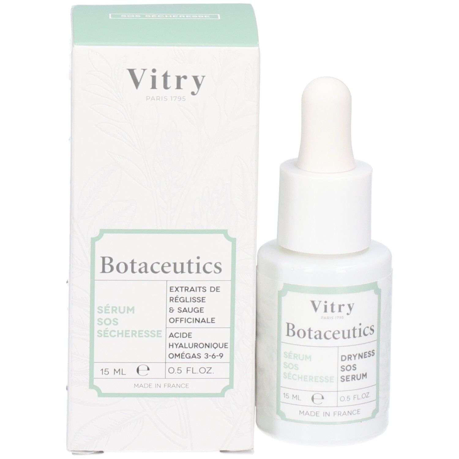 Emballage et flacon. Inscriptions : Vitry Botaceutics, Sérum SOS Sécheresse, Dryness SOS Serum. 15 ml, 0.5 FL.OZ. Avec informations sur les ingrédients.