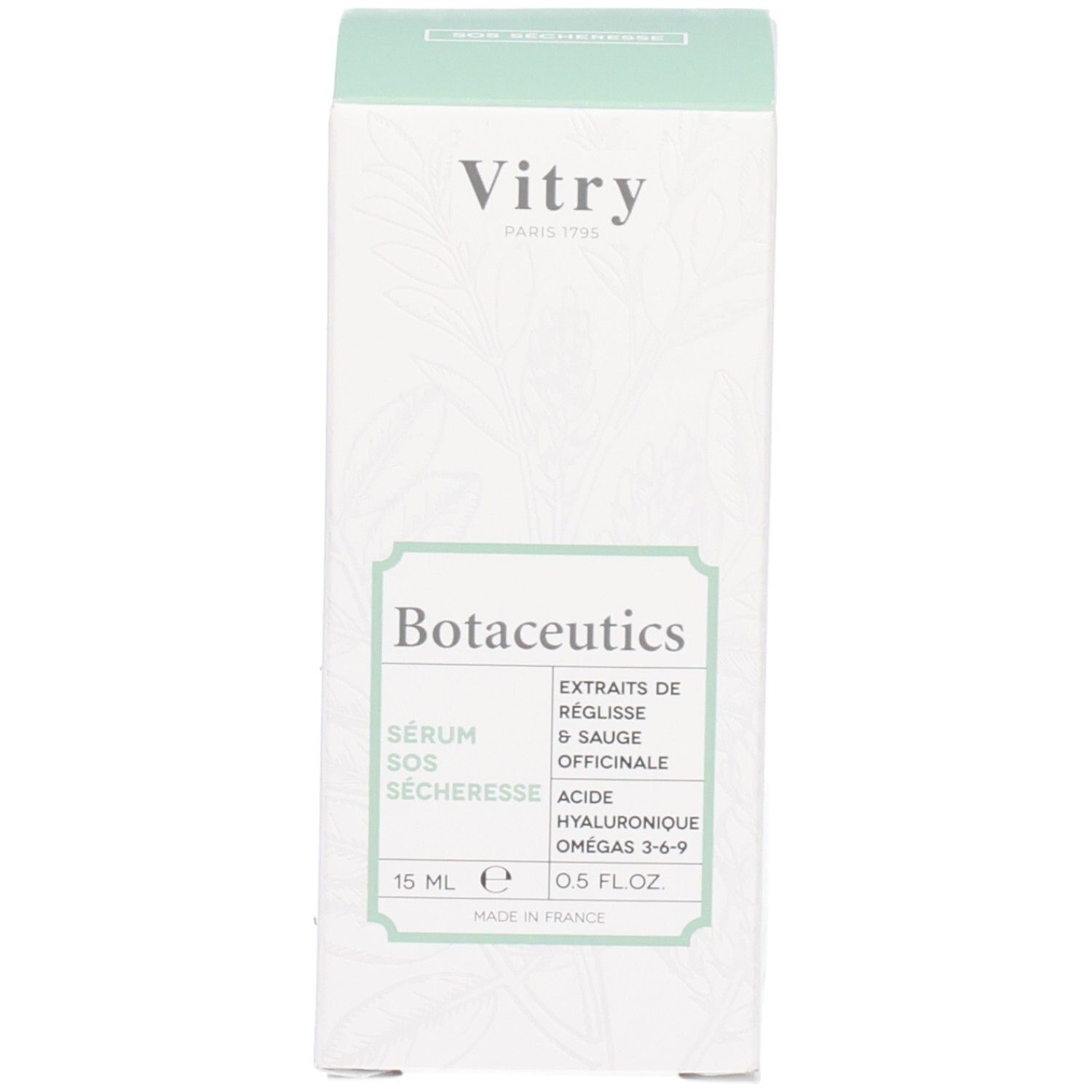 Emballage du produit. Inscriptions : Vitry Botaceutics, Sérum SOS Sécheresse, Dryness SOS Serum. 15 ml, 0.5 FL.OZ. Avec informations sur les ingrédients.
