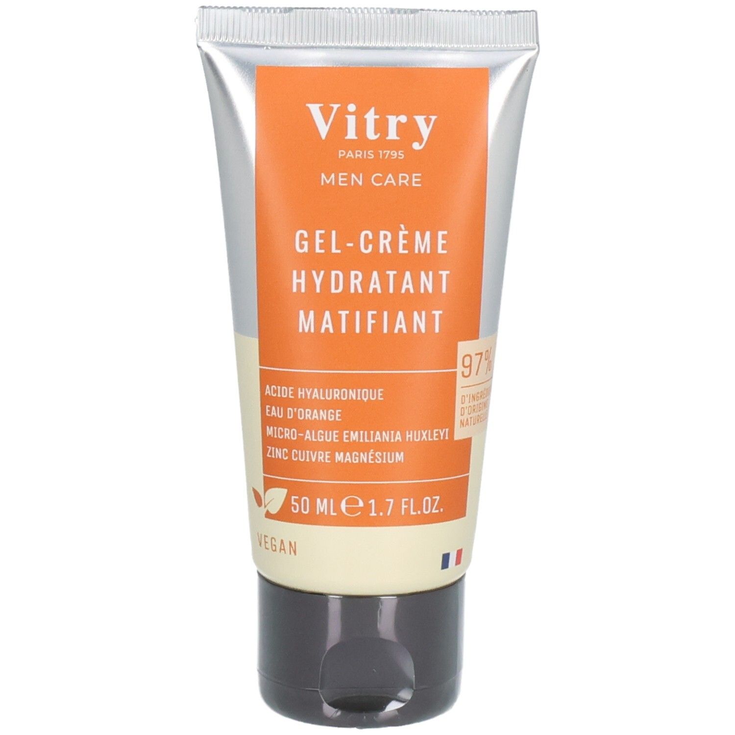 Tube de gel-crème hydratant matifiant. Etiquette orange avec texte: Vitry, 50 ml. Logo végan.