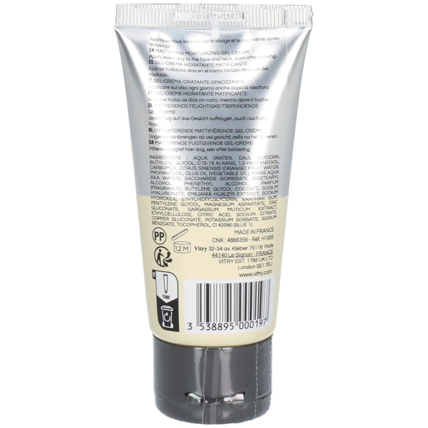 Dos du tube. Texte: ingrédients, symbole 12M, code-barres, Fabriqué en France.