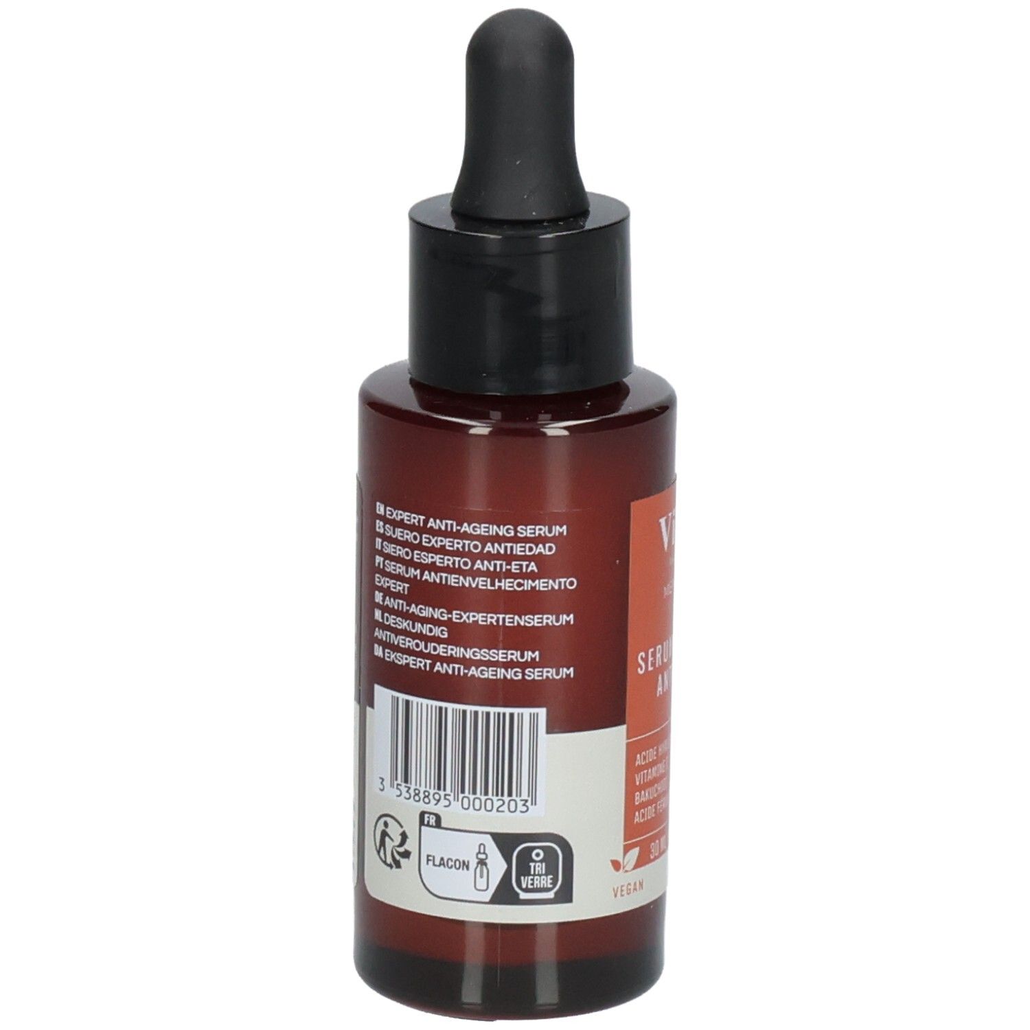 Dos du flacon brun. Code-barres et informations produit. Logo végan.