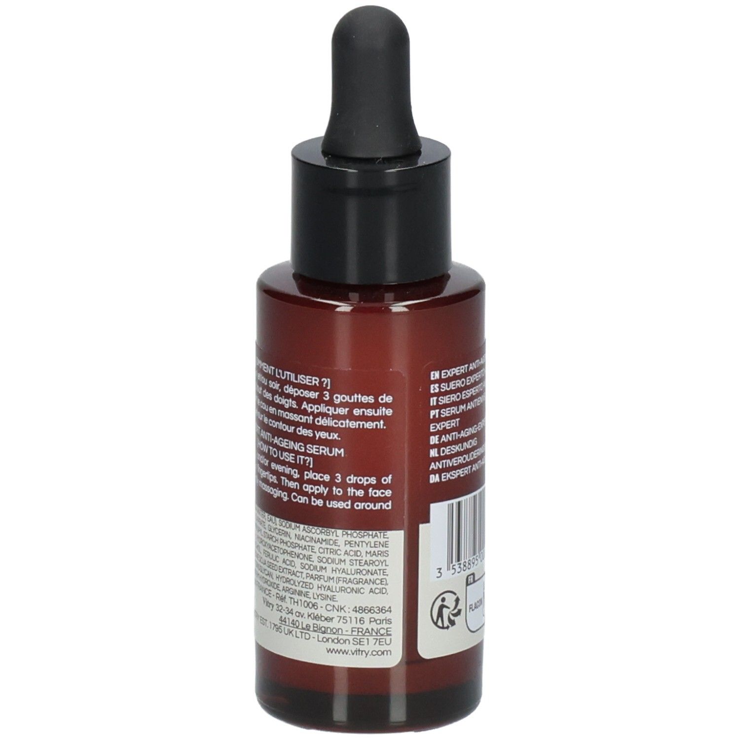 Flacon brun avec bouchon noir et pipette. Texte avec instructions d'utilisation et ingrédients.