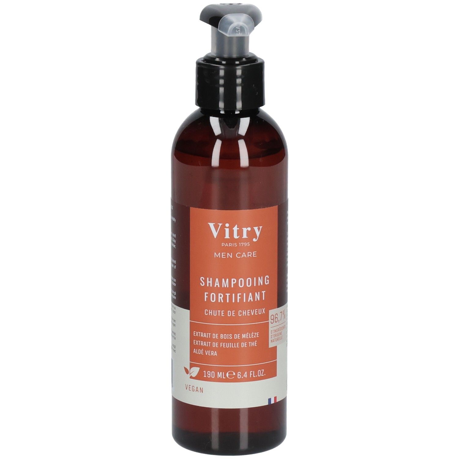 Flacon brun avec pompe noire. Étiquette avec nom du produit et marque Vitry. Vegan.