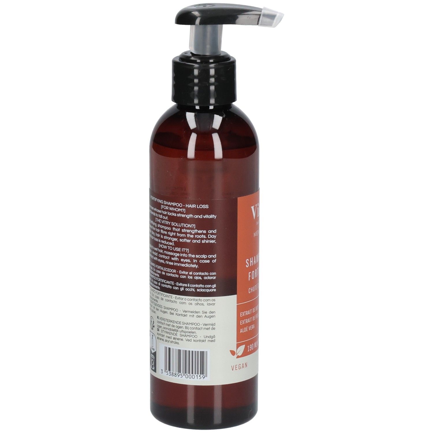 Flacon brun avec pompe noire. Dos avec texte. Vegan.