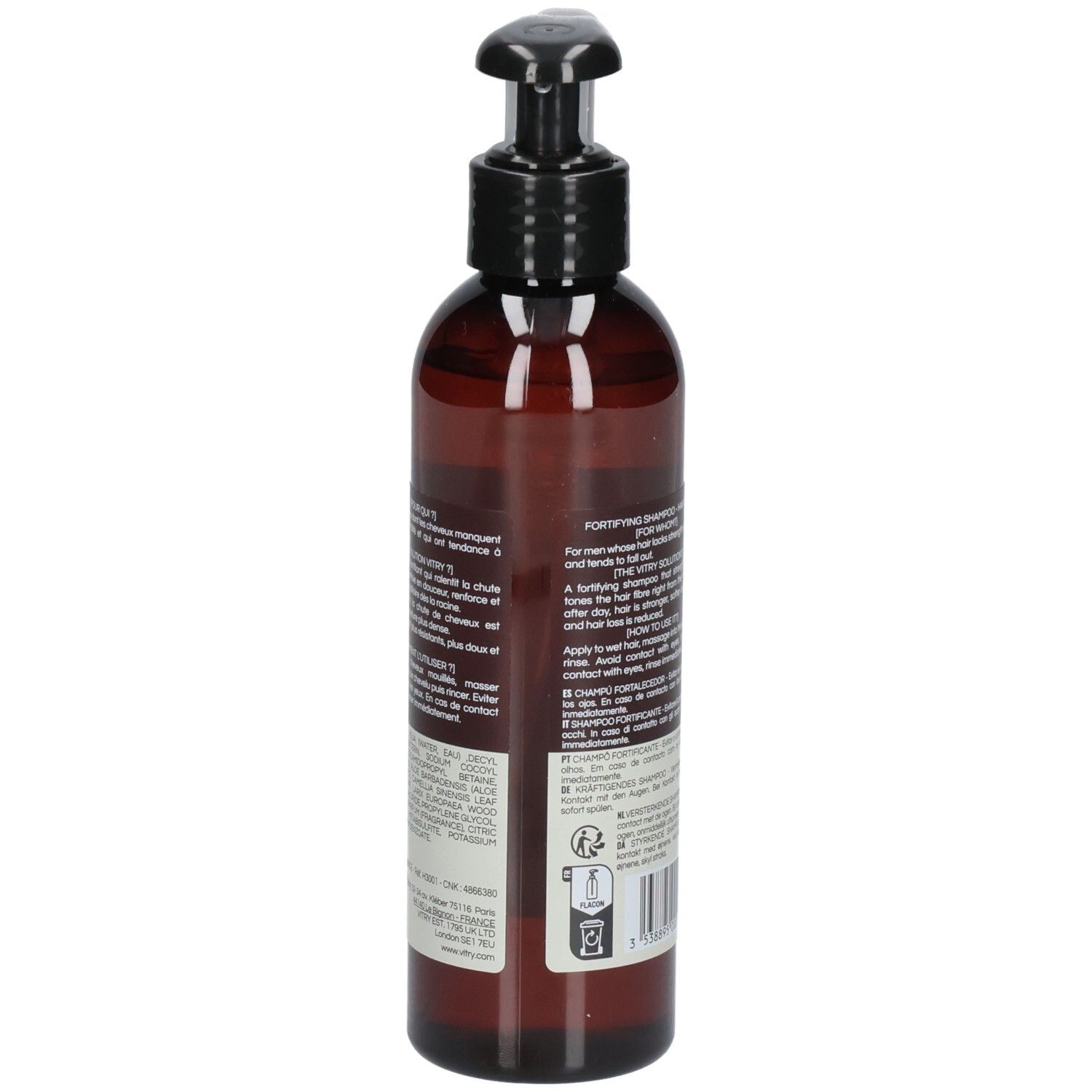 Flacon brun avec pompe noire. Dos avec texte. Vegan.