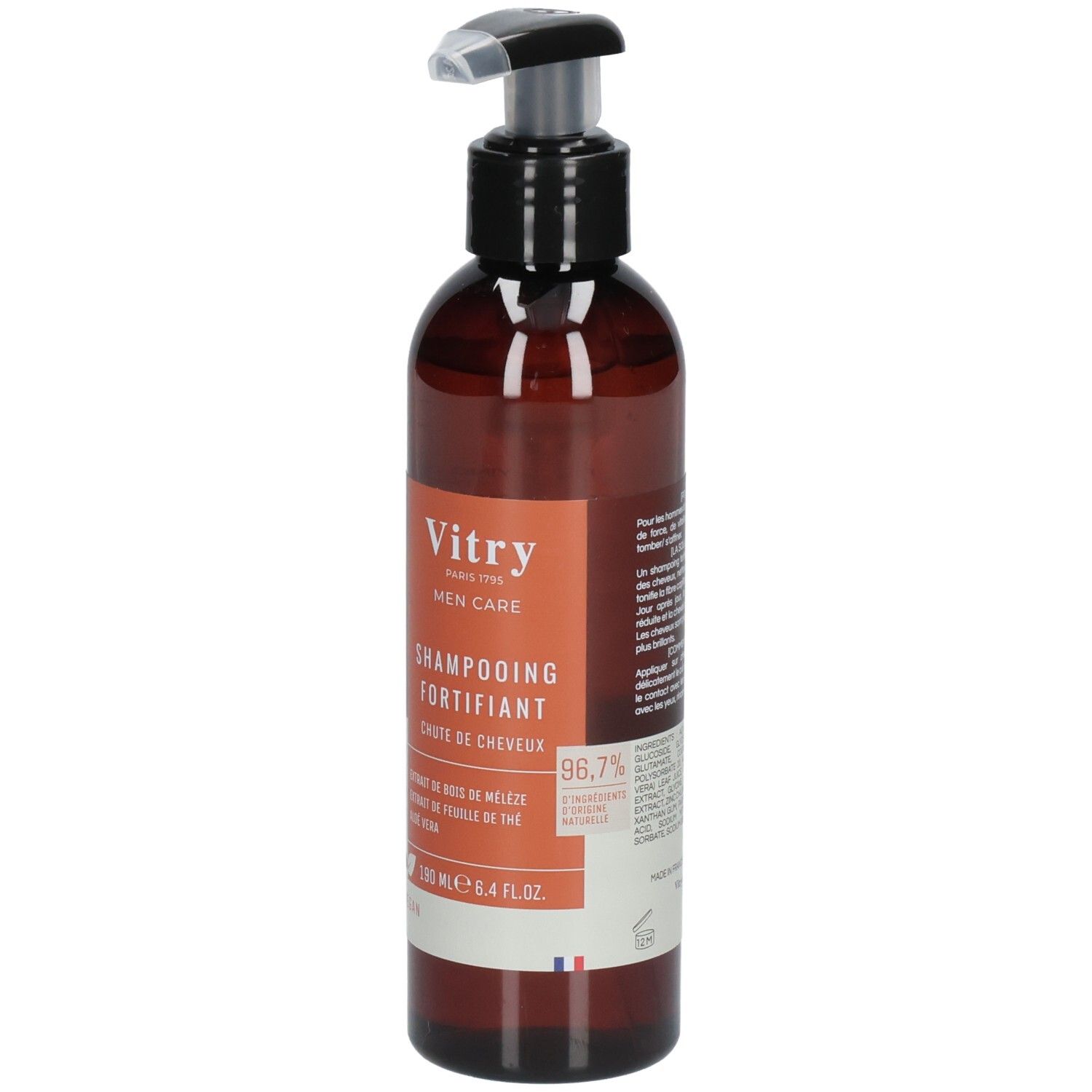 Flacon brun avec pompe noire. Étiquette avec nom du produit et marque Vitry. Vegan.