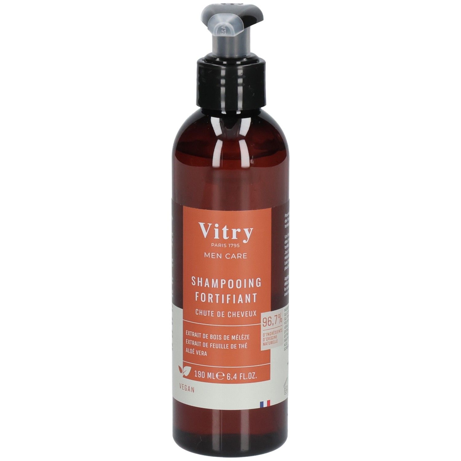 Flacon brun avec pompe noire. Étiquette avec nom du produit et marque Vitry. Vegan.