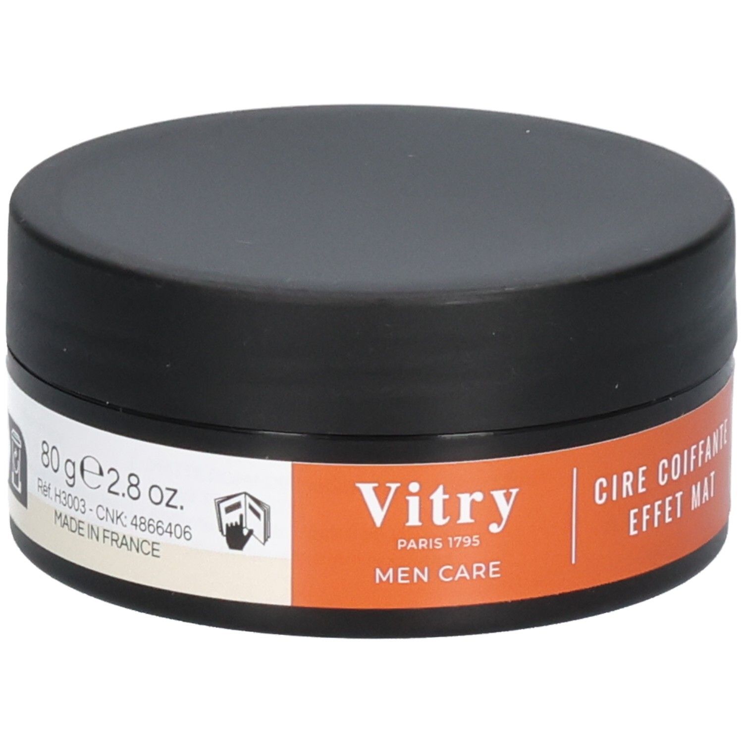Pot rond noir avec étiquette orange. L'étiquette indique "Vitry PARIS 1795 MEN CARE". Texte : "CIRE COIFFANTE EFFET MAT".