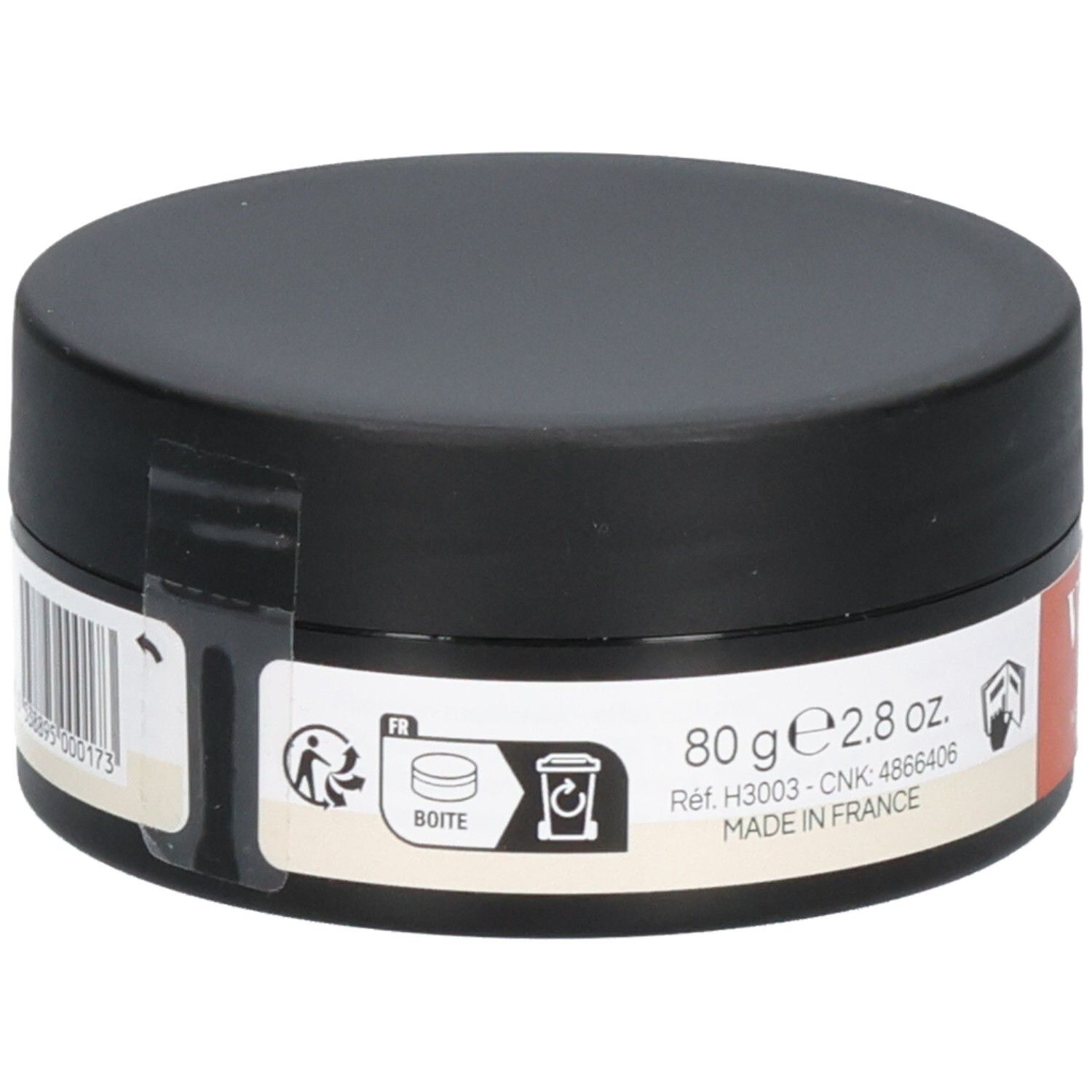 Pot noir avec étiquette blanche. Pictogrammes et texte sur l'étiquette. Imprimé : 80 g 2.8 oz. Ref. H3003 - CNK 4866406 MADE IN FRANCE.